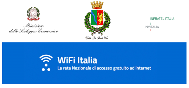 Logo del progetto WiFi Italia, comune di Porto Viro, Ministero dello Sviluppo Economico, Infratel Italia, Invitalia.