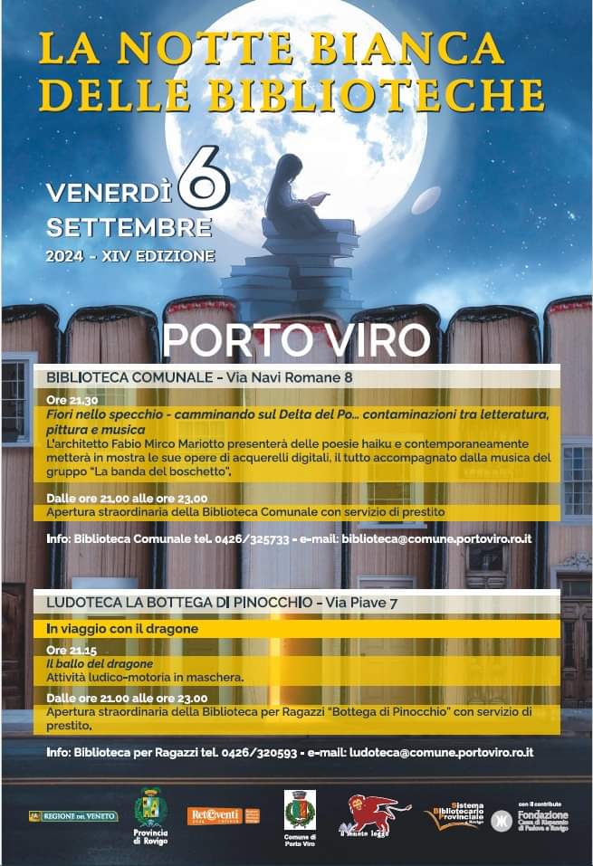 Locandina evento La Notte Bianca delle Biblioteche a Porto Viro il 6 settembre 2024, con programmi in biblioteca e ludoteca.