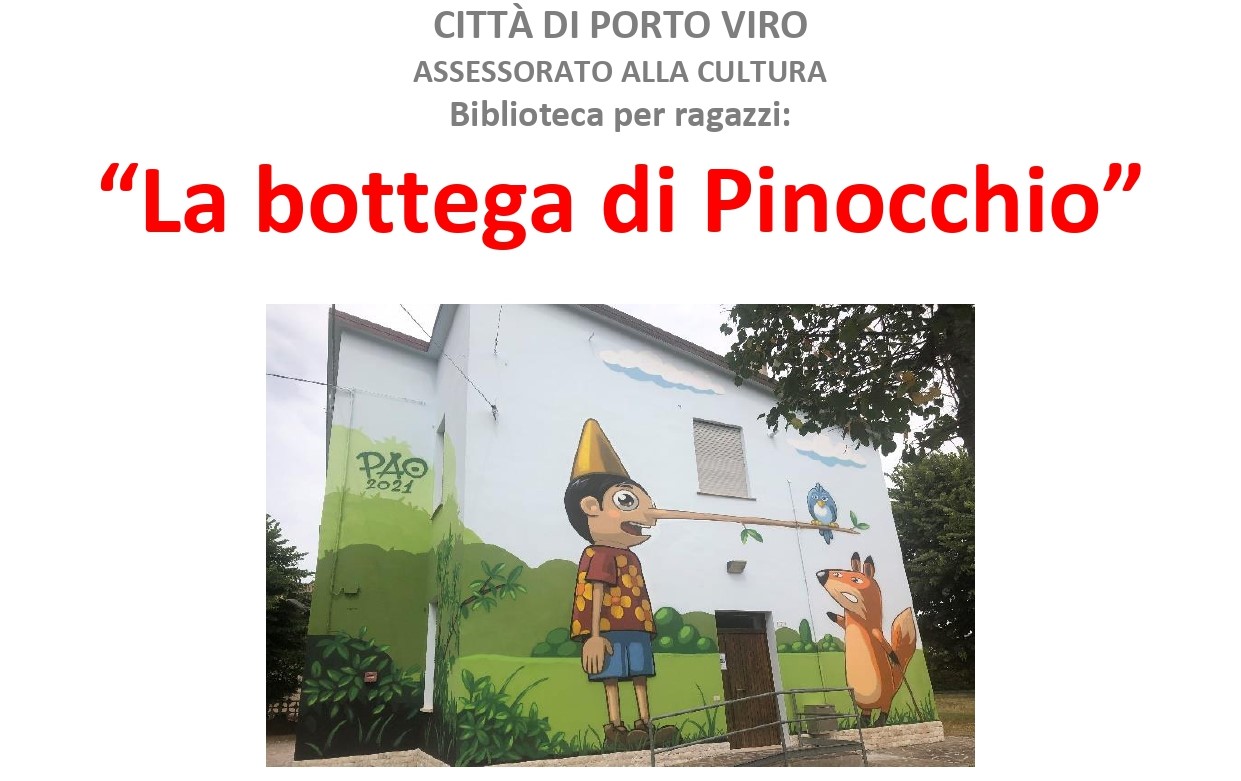 Murale di Pinocchio e animali su una parete esterna del Comune di Porto Viro, biblioteca ragazzi La bottega di Pinocchio.