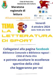 Evento Maratona regionale di lettura a Porto Viro, 4 ottobre 2024, dalle 10:00 alle 18:00, tema: La letteratura di sport.