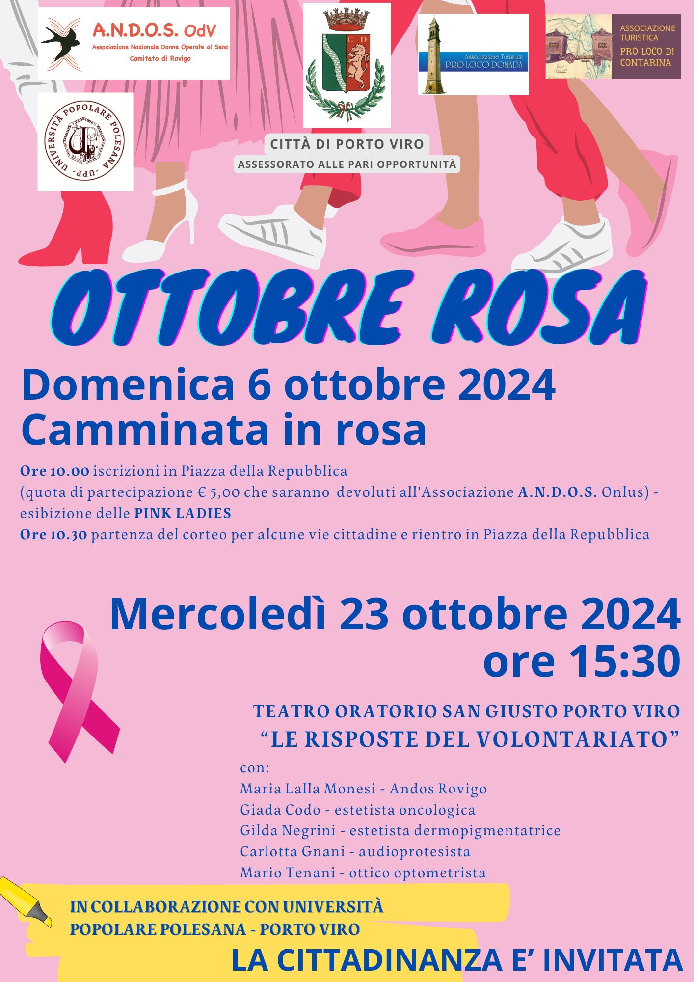 Locandina del Comune di Porto Viro che promuove l'evento Ottobre Rosa 2024: camminata in rosa e conferenza sul volontariato.