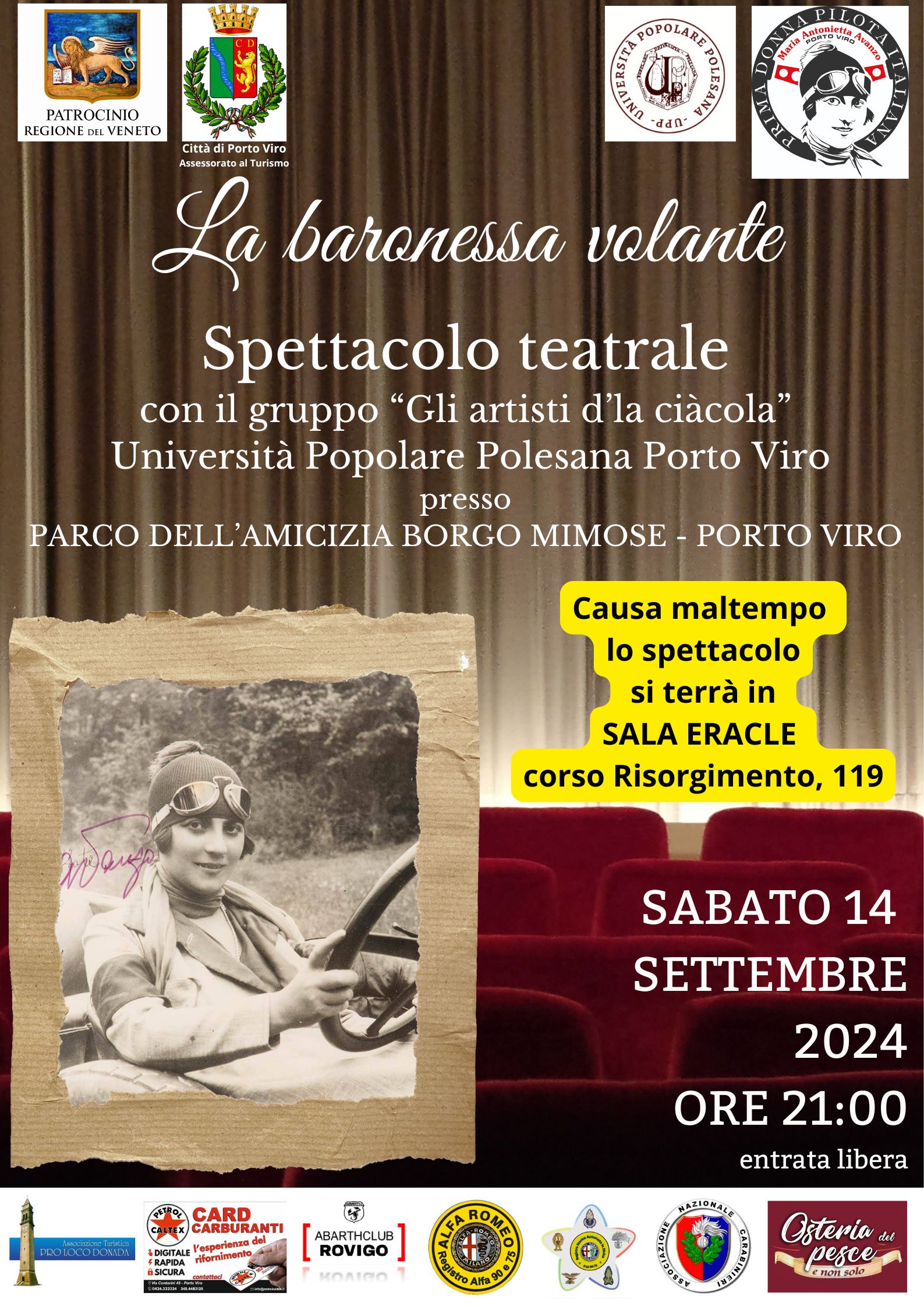 Locandina di uno spettacolo teatrale La baronessa volante a Porto Viro il 14 settembre 2024, ore 21:00.