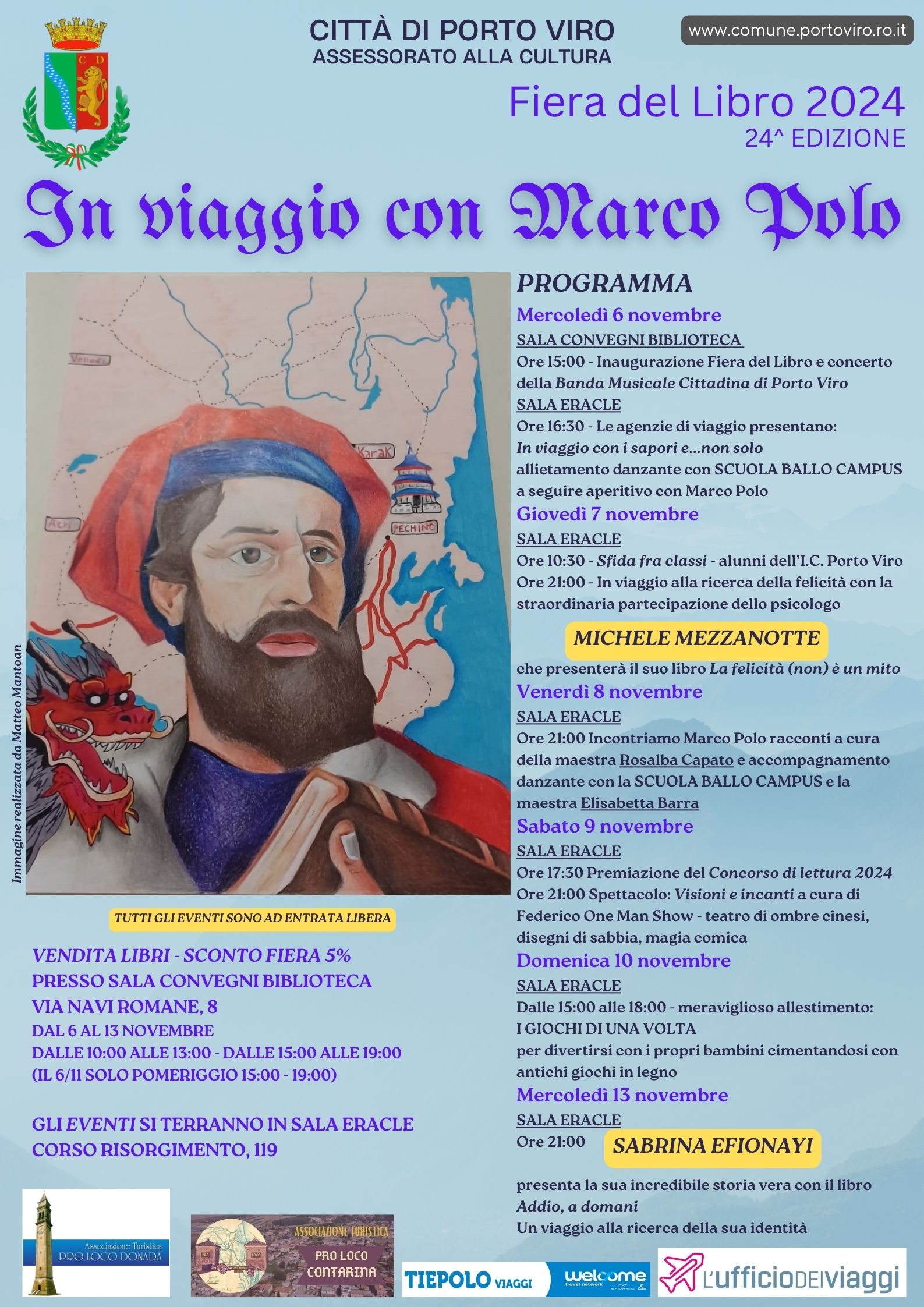 Locandina della Fiera del Libro 2024 a Porto Viro, tema: In viaggio con Marco Polo, programmi ed eventi.