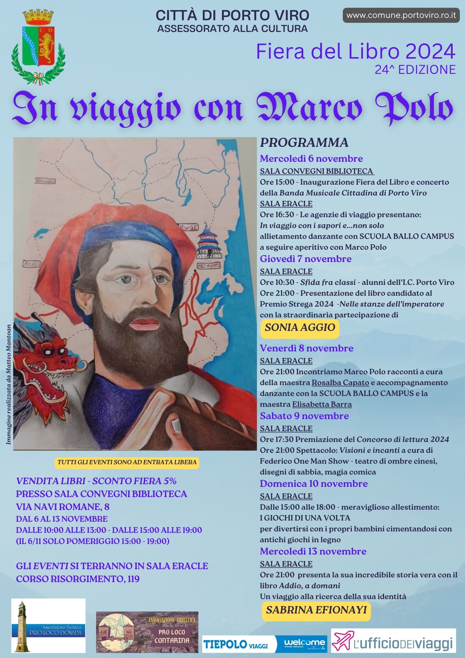 Locandina della Fiera del Libro 2024 a Porto Viro, tema In viaggio con Marco Polo, con programma eventi.