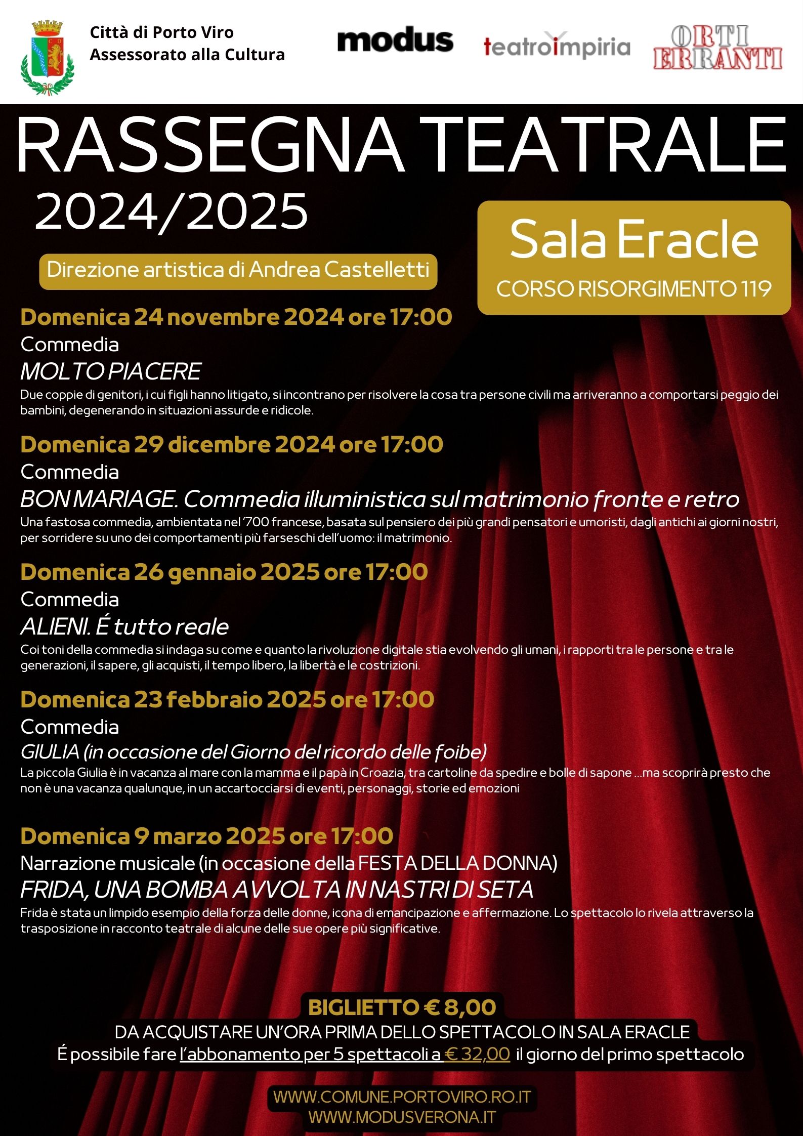 Locandina Rassegna Teatrale 2024/2025 Comune di Porto Viro, eventi a Sala Eracle, direzione artistica Andrea Castelletti.