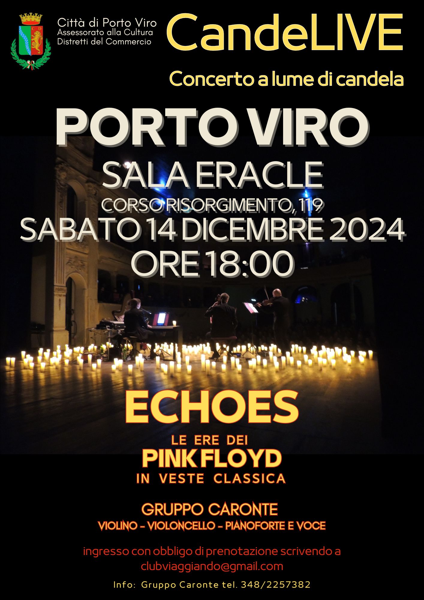 Locandina concerto CandeLIVE a Porto Viro, 14 dicembre 2024, Sala Eracle, musica Pink Floyd in veste classica.