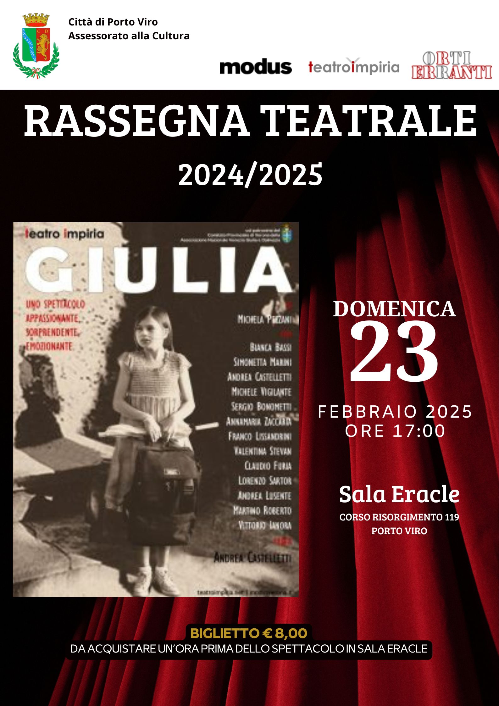 Poster promozionale per lo spettacolo Giulia, 23 febbraio 2025, 17:00, Sala Eracle, Porto Viro. Prezzo biglietto €8.