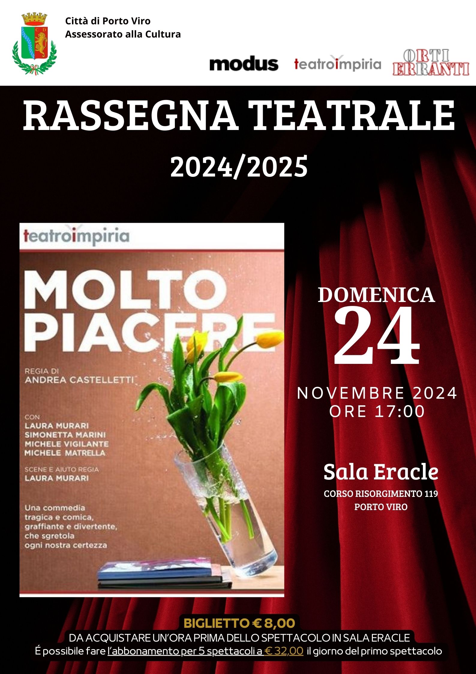 Locandina rassegna teatrale 2024/2025 Comune di Porto Viro, spettacolo Molto Piacere, 24 novembre, Sala Eracle.