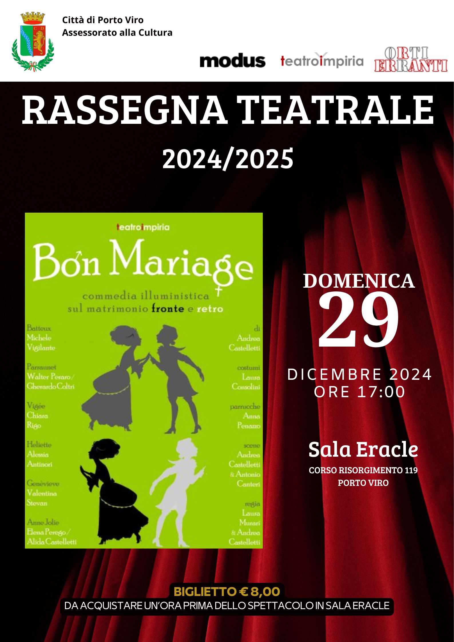 Locandina di Bon Mariage alla Rassegna Teatrale 2024/2025, Sala Eracle Porto Viro, 29 dicembre ore 17:00.