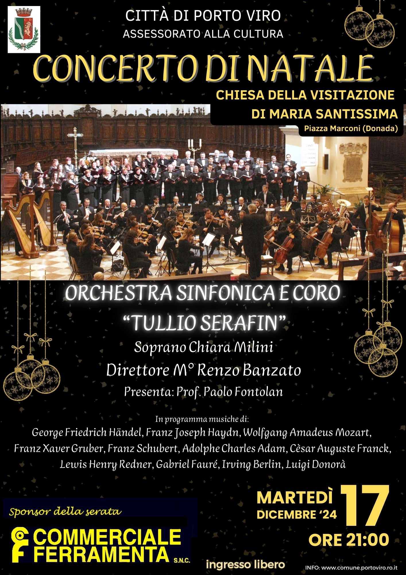 Concerto di Natale a Porto Viro con orchestra e coro Tullio Serafin, diretto da Renzo Banzato. Martedì 17 dicembre.