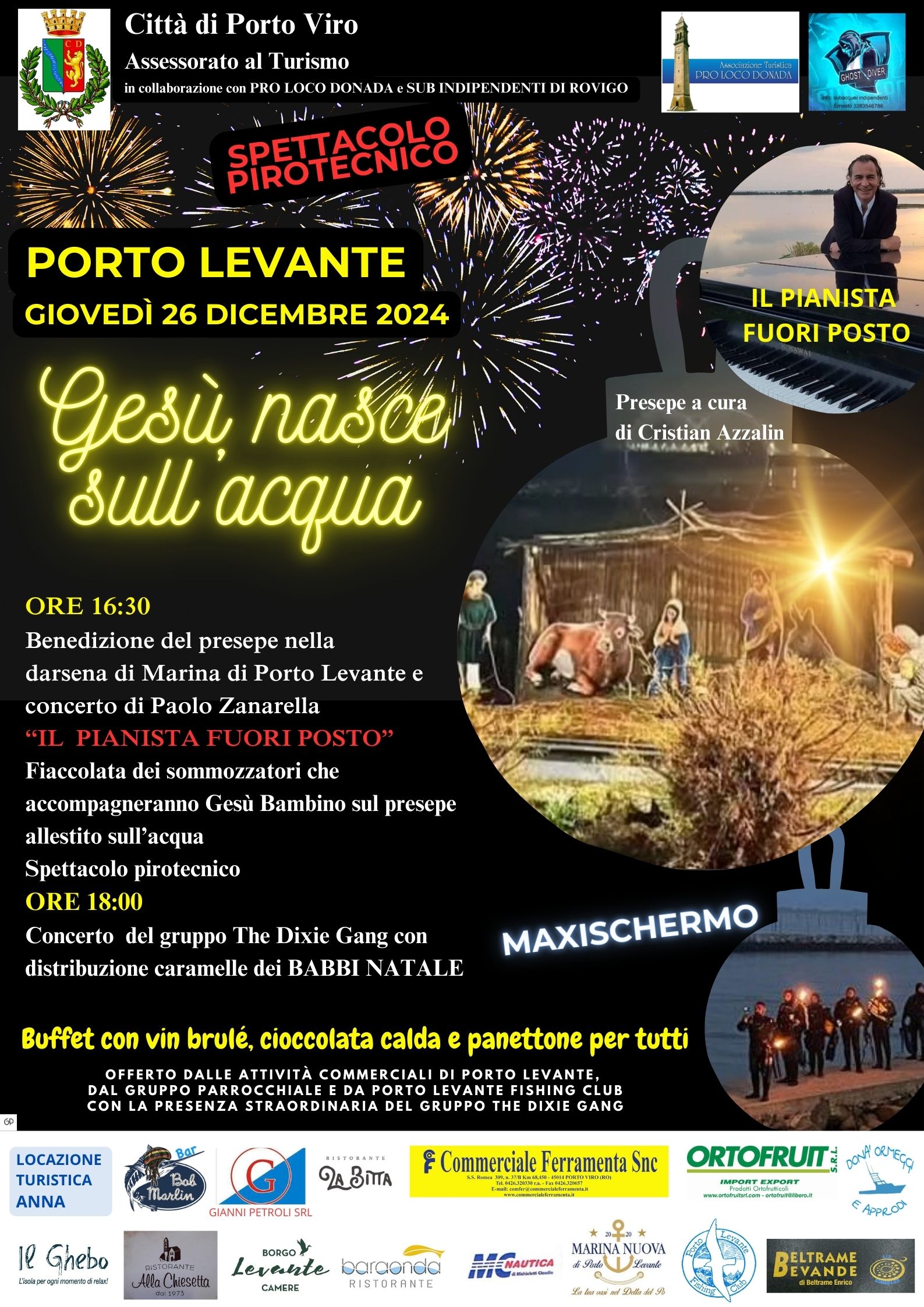 Locandina evento Gesù nasce sull'acqua a Porto Levante con concerto, presepe e spettacolo pirotecnico il 26 dicembre 2024.