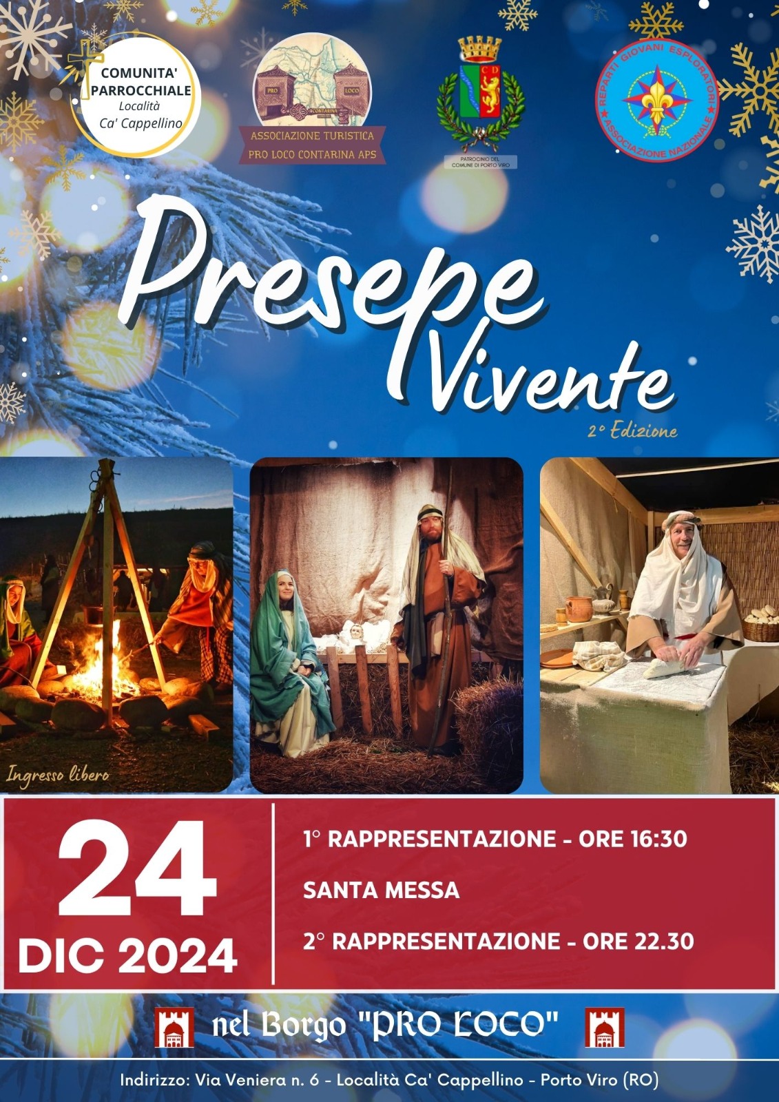 Locandina del Presepe Vivente a Porto Viro, con date e orari delle rappresentazioni del 24 dicembre 2024.