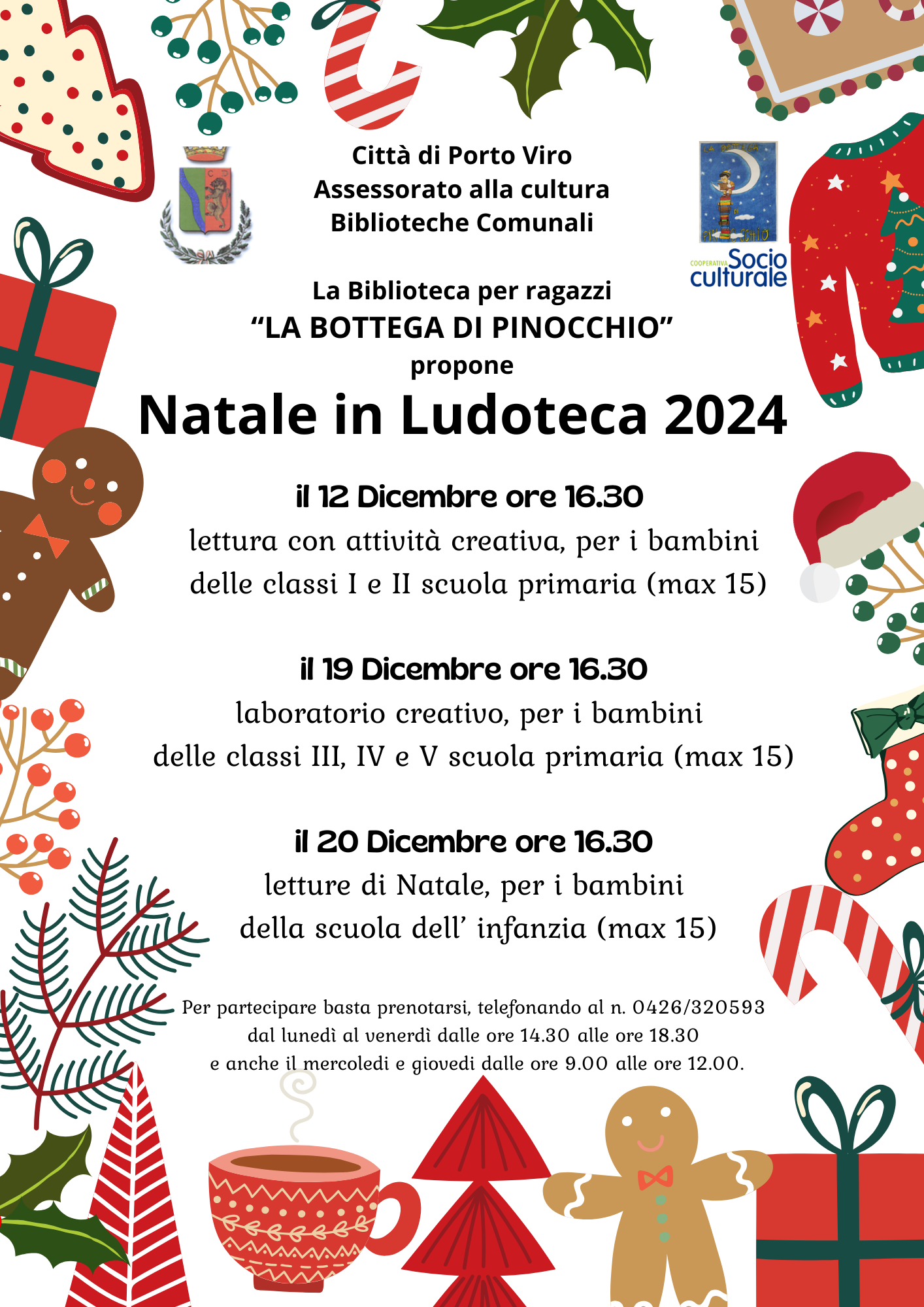 Locandina evento Natale in Ludoteca 2024 a Porto Viro con attività creative per bambini il 12, 19, 20 dicembre.