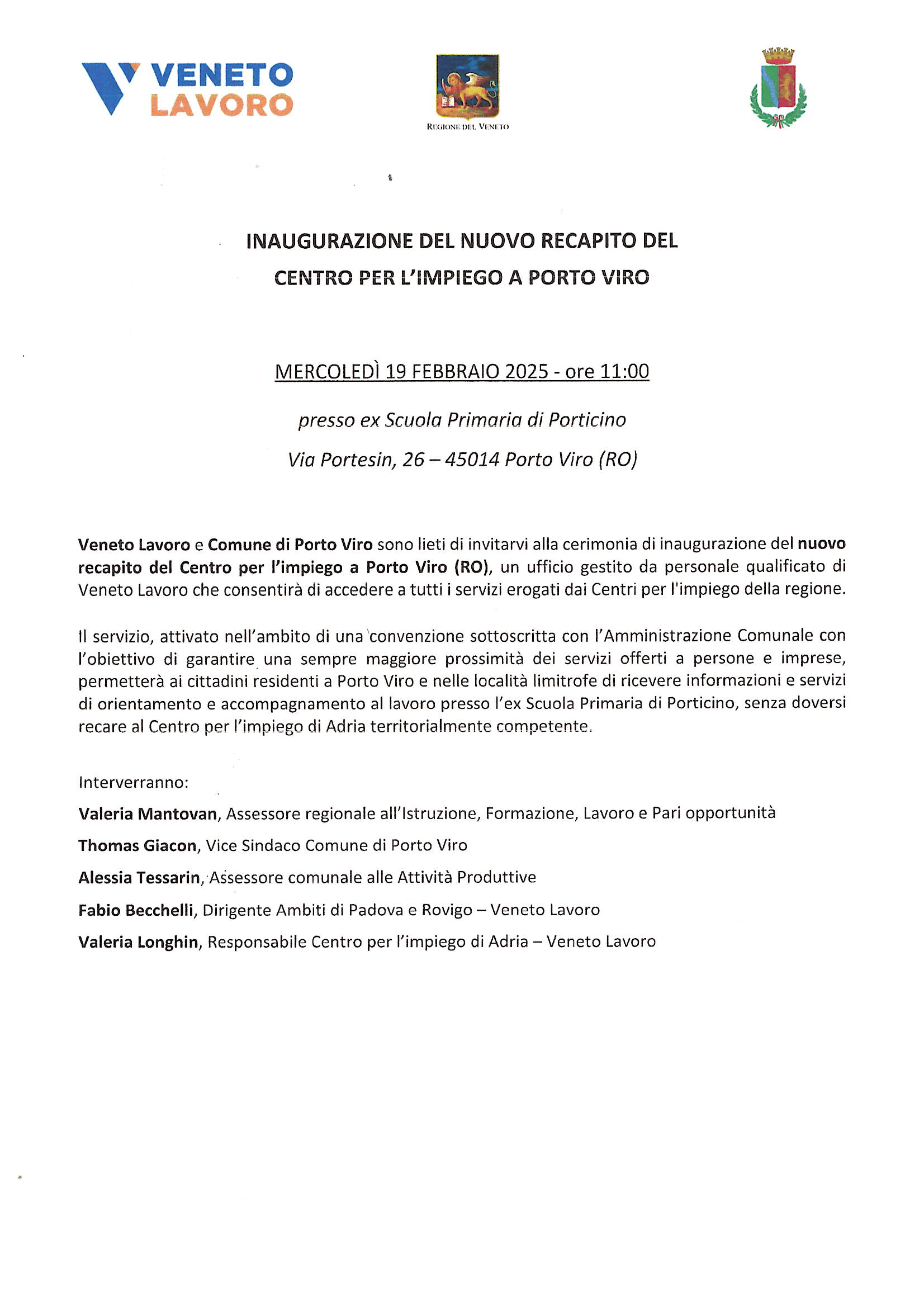 Volantino inaugurazione Centro per l'Impiego a Porto Viro, 19 febbraio 2025, ex Scuola Primaria di Porticino.