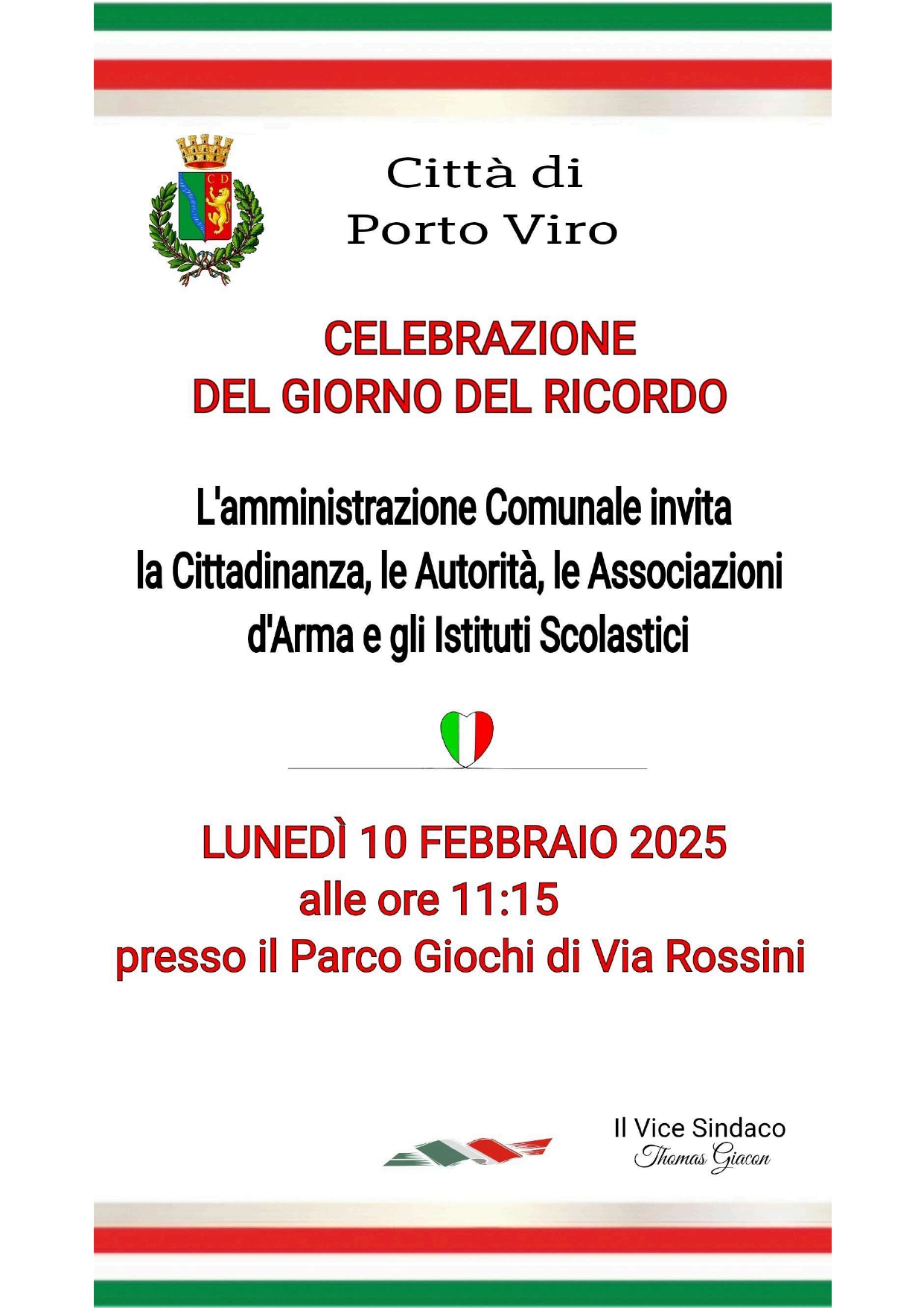 Invito alla celebrazione del Giorno del Ricordo a Porto Viro il 10 febbraio 2025 alle 11:15 presso il Parco Giochi.