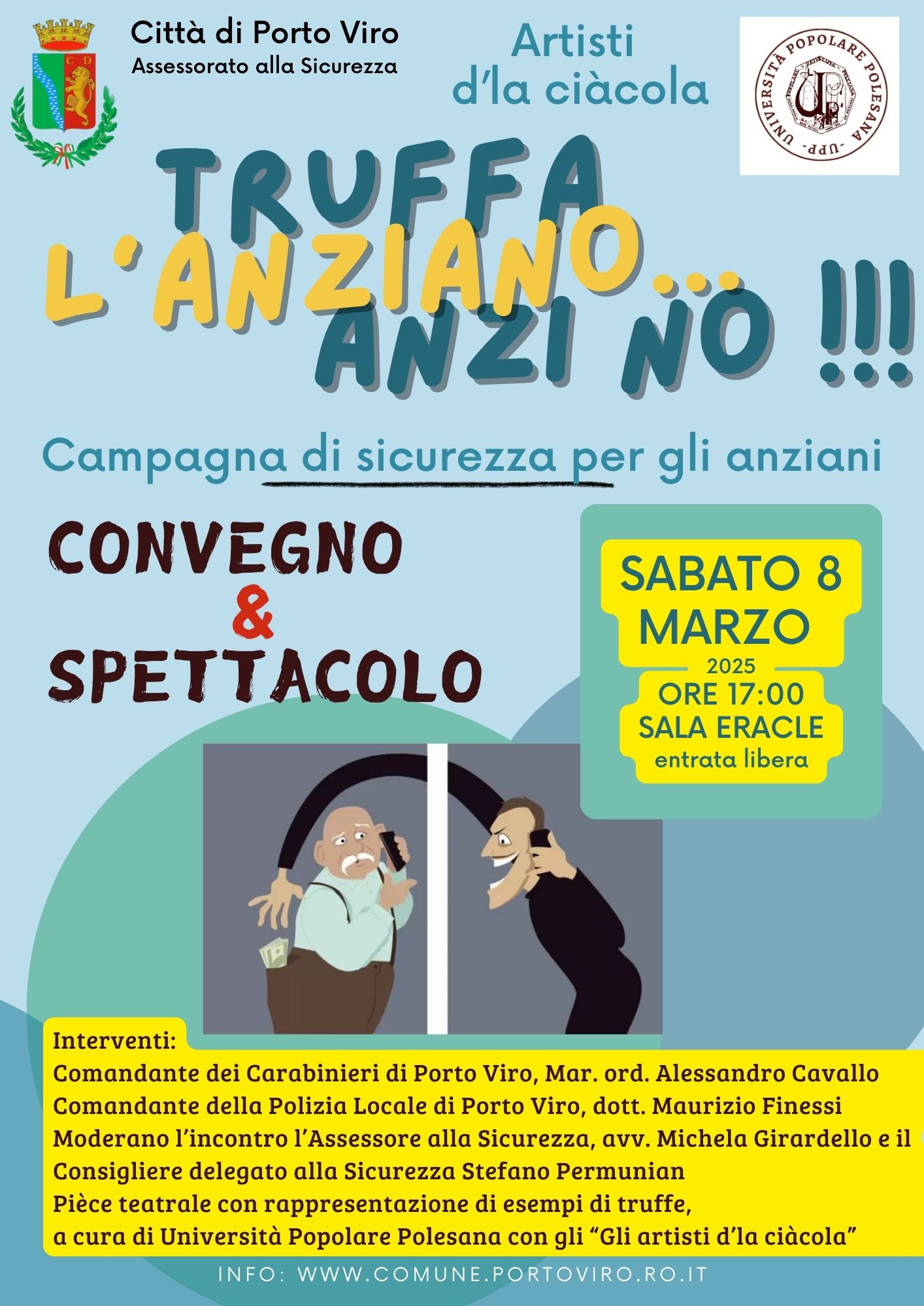 Locandina del convegno Truffa l'anziano, anzi no! del Comune di Porto Viro, 8 marzo 2025.