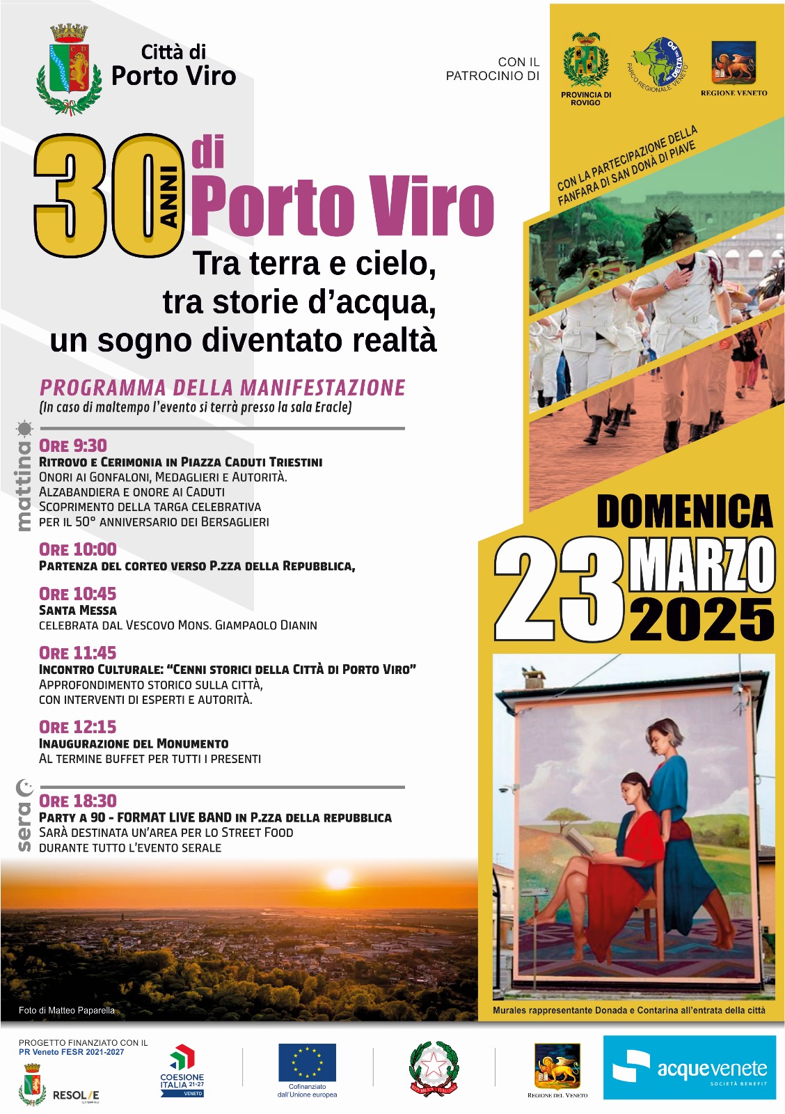 Locandina evento 30 anni di Porto Viro, celebrazione con programma, fanfara e murales, 23 marzo 2025.