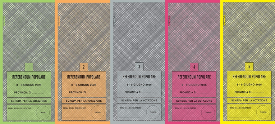 Cinque schede elettorali colorate per referendum popolare, 8-9 giugno 2025, numerate da 1 a 5.