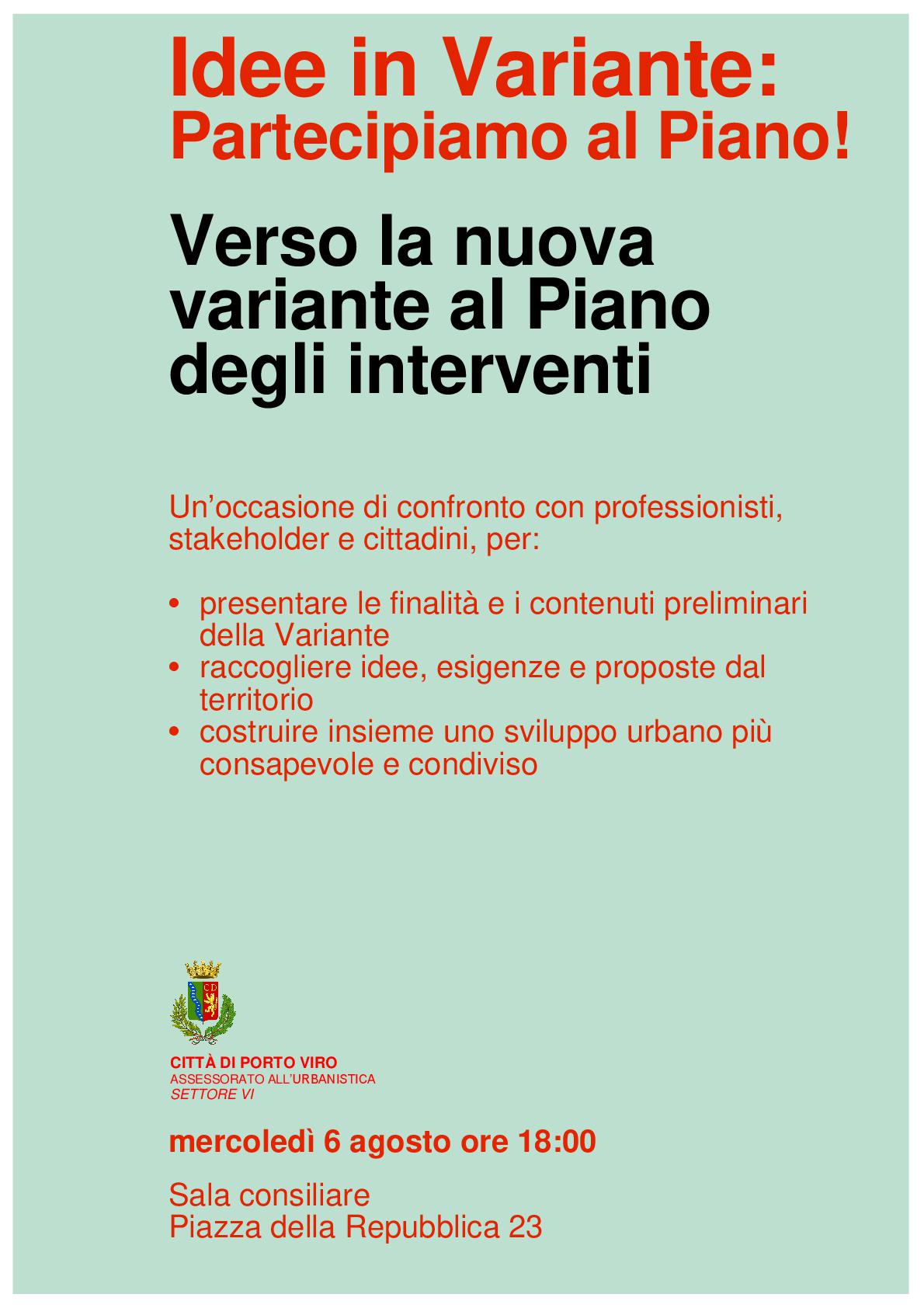 Volantino del Comune di Porto Viro su una riunione per discutere la variante al Piano degli interventi.
