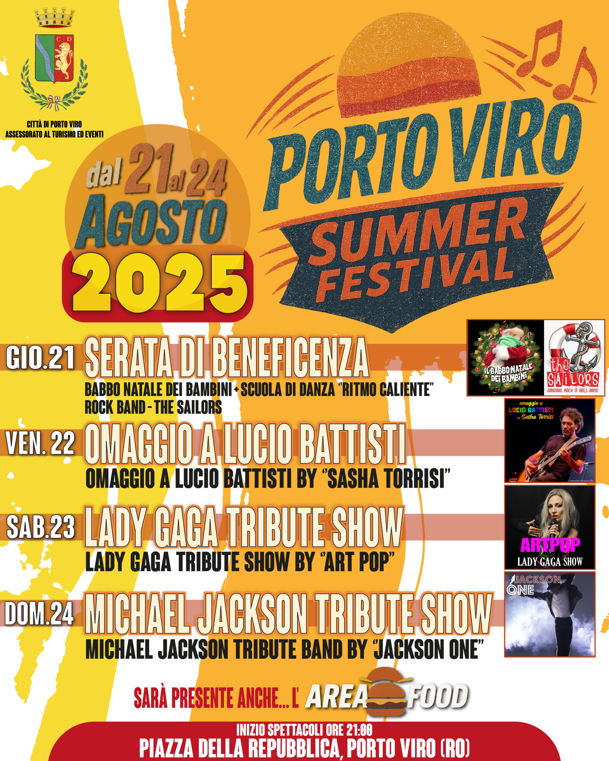 Locandina Porto Viro Summer Festival 2025: serate musicali e spettacoli dal 21 al 24 agosto.