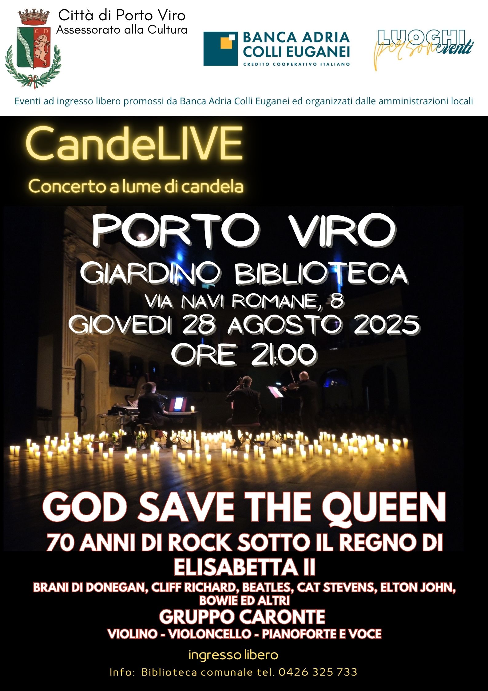 Concerto CandeLIVE a Porto Viro, 28 agosto 2025, con omaggio musicale a Elisabetta II. Ingresso libero.