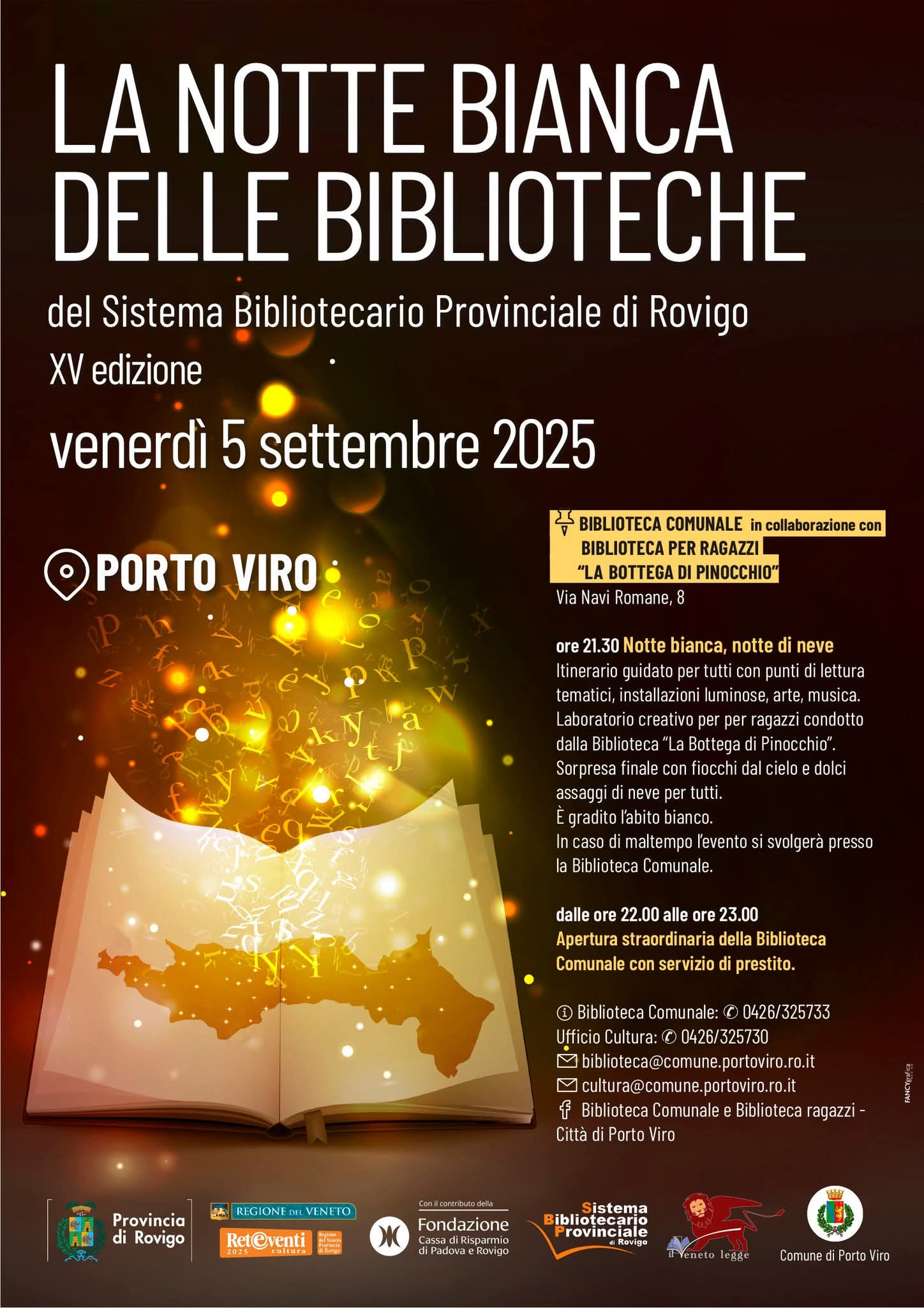 Manifesto della Notte Bianca delle Biblioteche 2025 a Porto Viro, con libro aperto e dettagli dell'evento.
