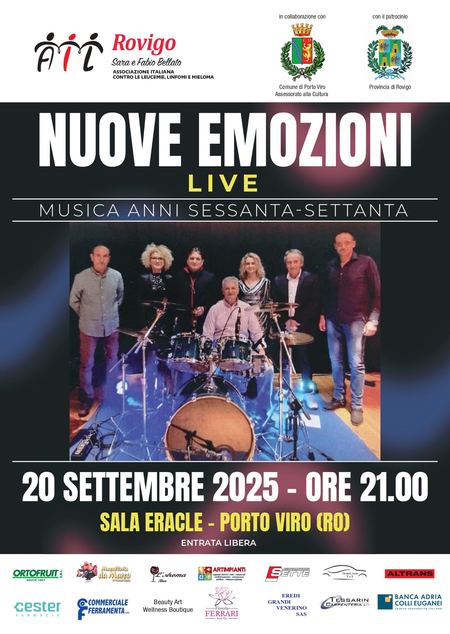 Concerto Nuove Emozioni Live, musica anni '60-'70, 20 sett. 2025, ore 21, Sala Eracle, Porto Viro. Evento gratuito.