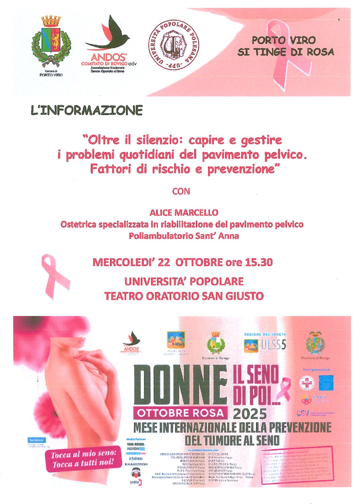 Locandina evento Porto Viro: prevenzione tumore al seno e pavimento pelvico, ottobre rosa, relatrice Alice Marcello.