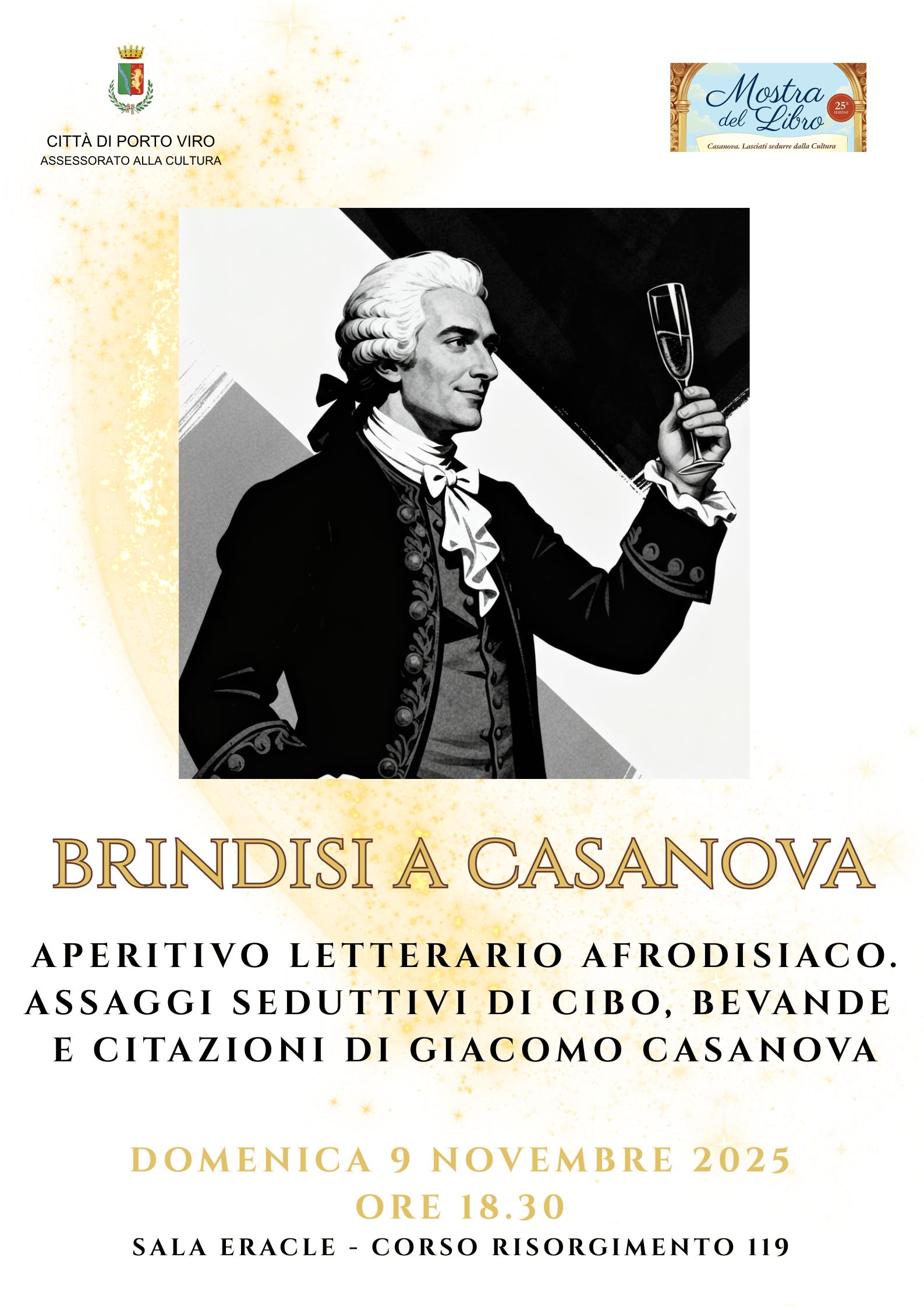 Locandina evento Brindisi a Casanova, aperitivo letterario a Porto Viro, 9 novembre 2025, Sala Eracle.