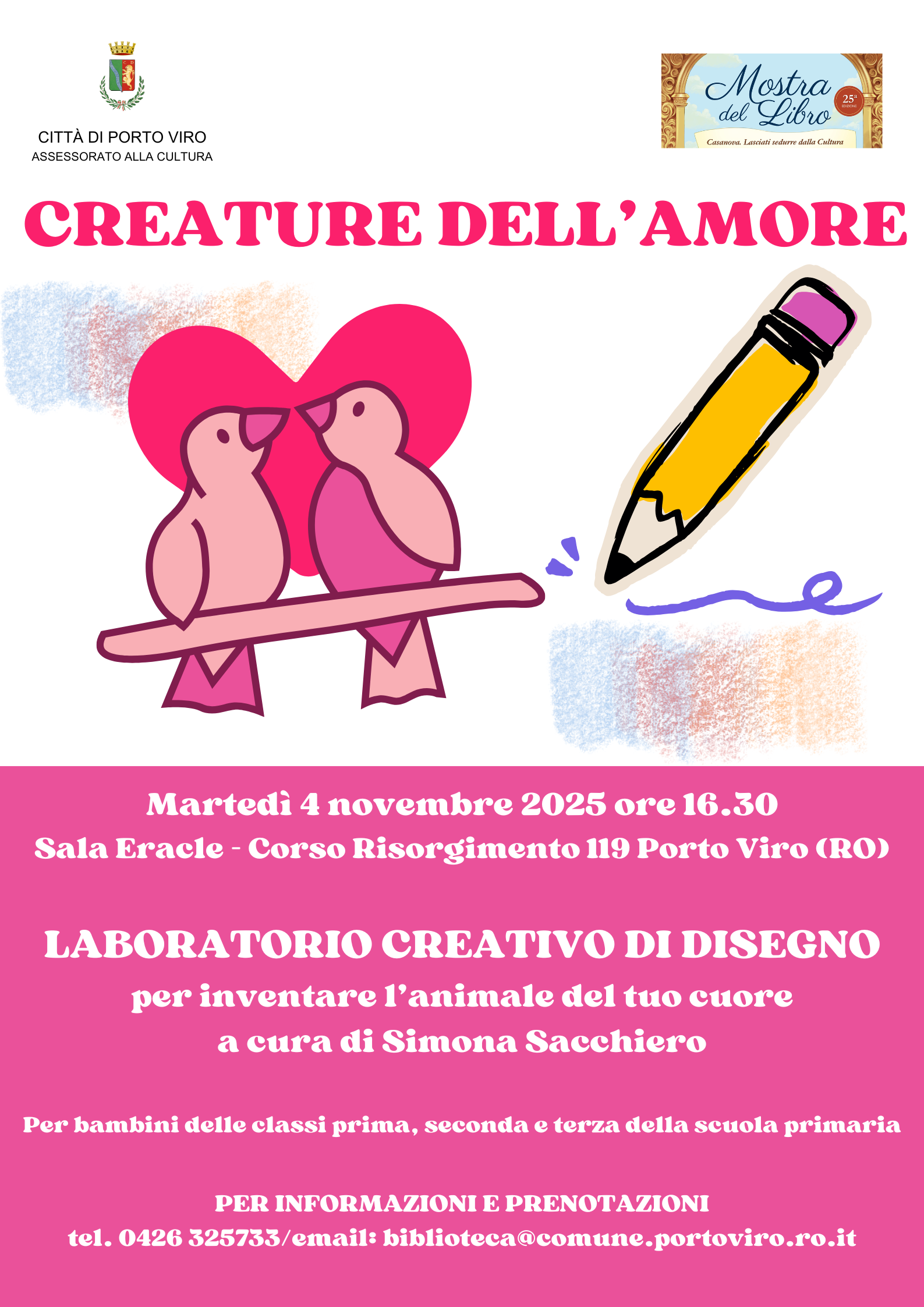Invito a un laboratorio di disegno creativo per bambini a Porto Viro, con due uccellini rosa e una matita su sfondo colorato.
