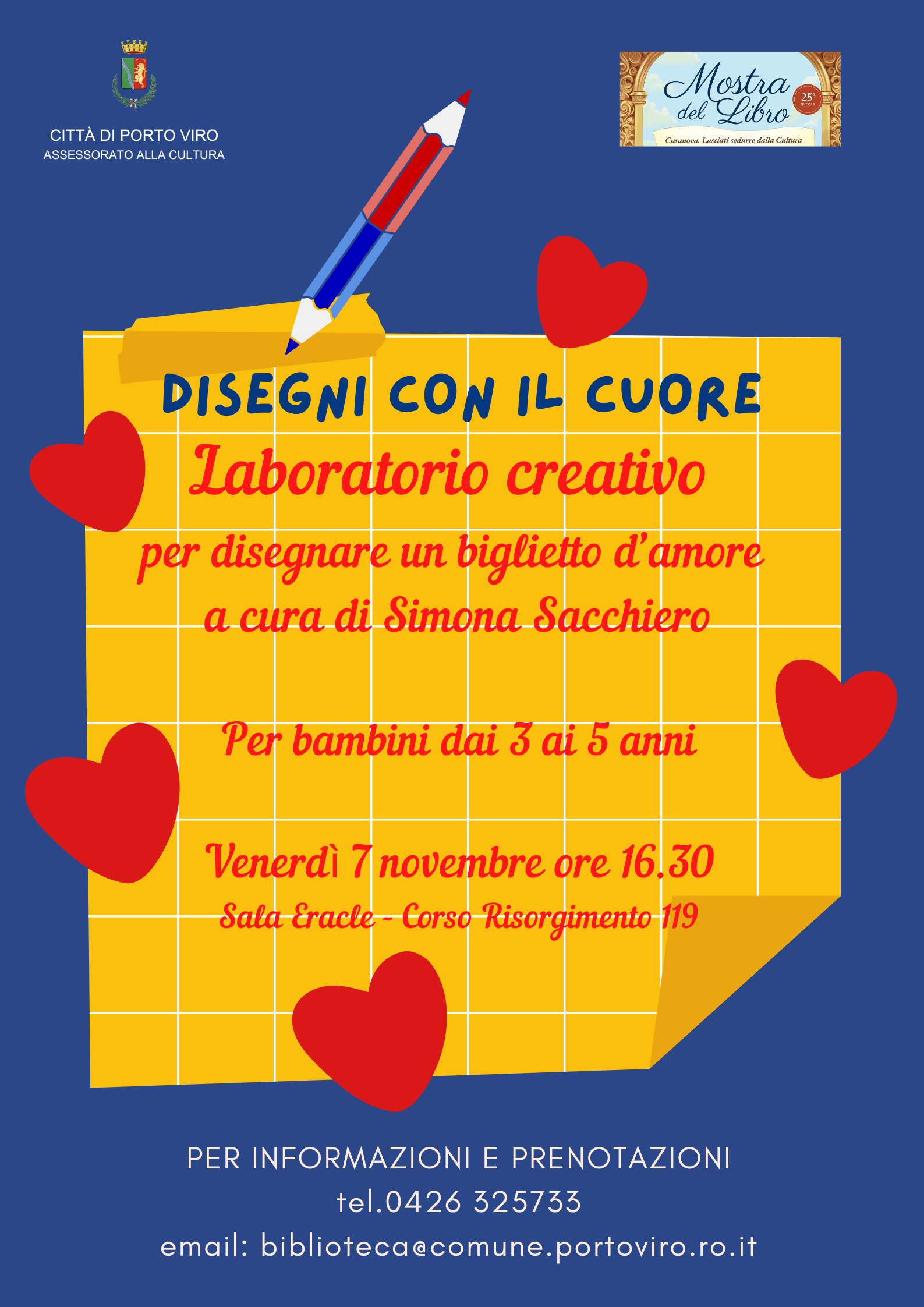 Laboratorio creativo per bambini a Porto Viro, disegna biglietto d'amore, 7 novembre, Sala Eracle.