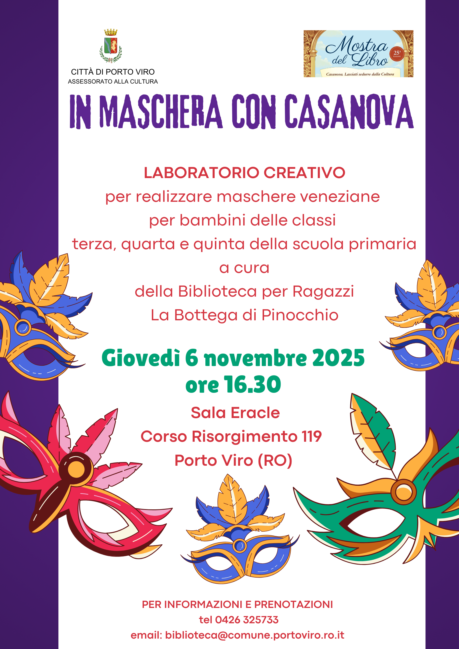 Evento In Maschera con Casanova, laboratorio creativo per bambini a Porto Viro, 6 novembre 2025.
