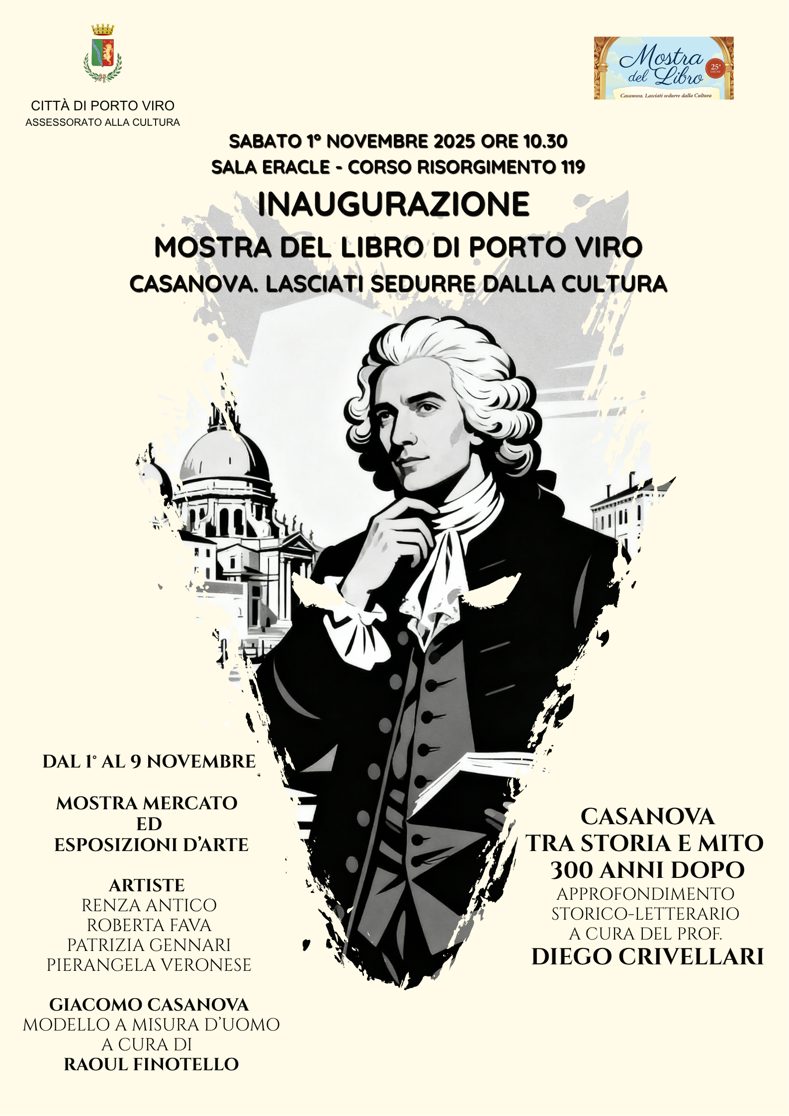 Locandina inaugurazione Mostra del Libro di Porto Viro dedicata a Casanova, 1 novembre 2025, Sala Eracle.