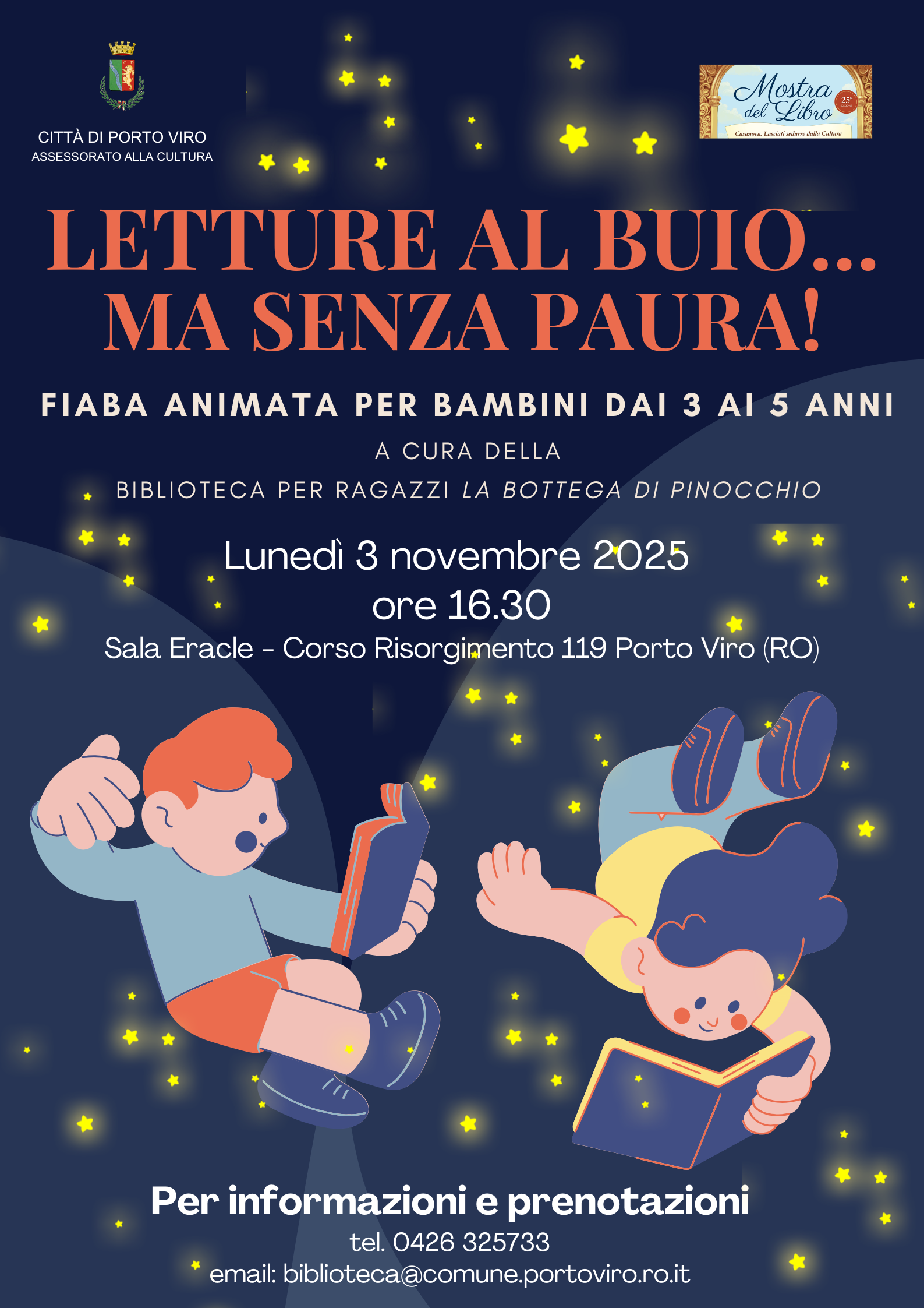 Evento Letture al buio per bambini a Porto Viro, 3-5 anni. Sala Eracle, 3 novembre 2025, ore 16:30.