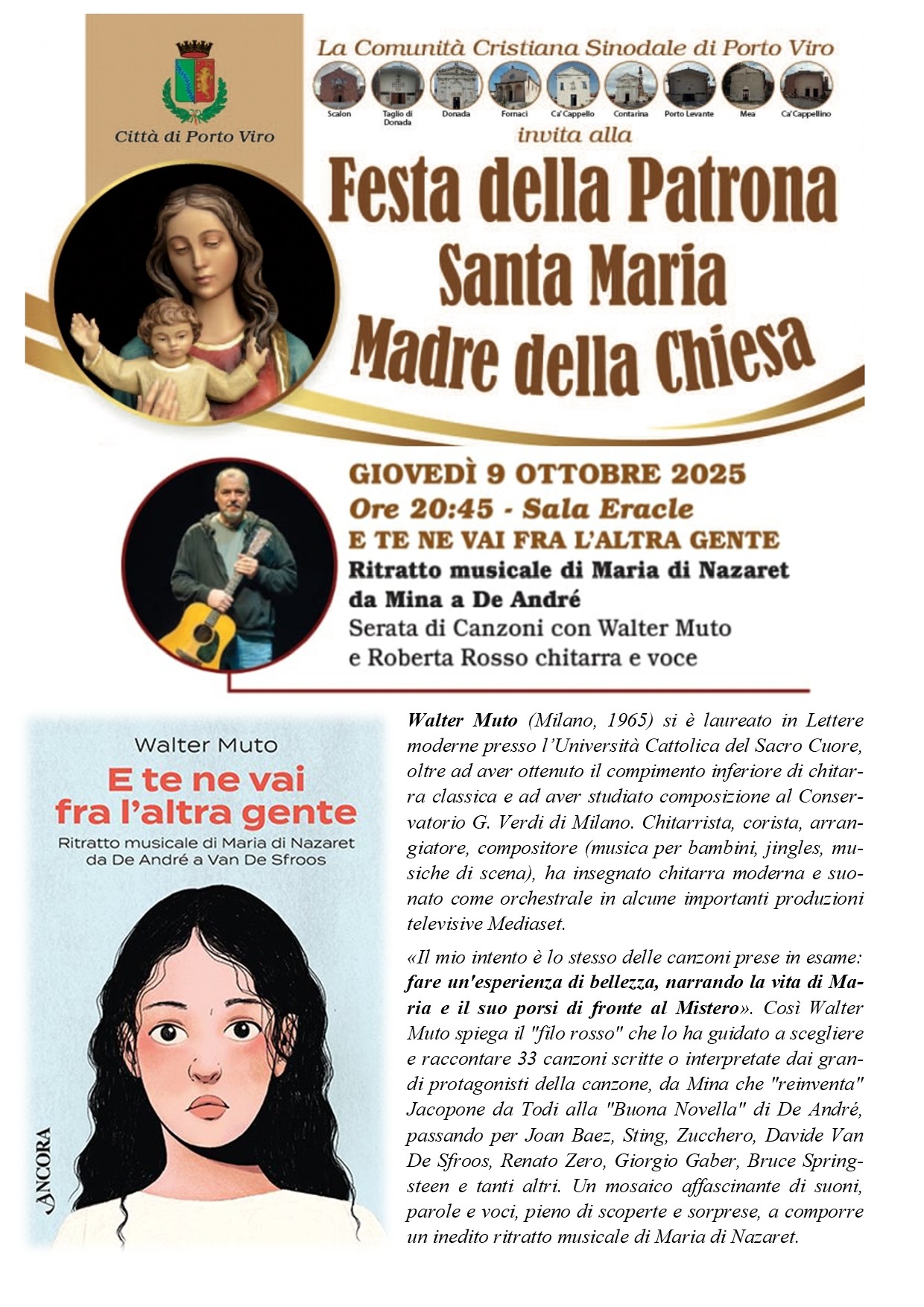 Invito alla Festa della Patrona a Porto Viro, serata musicale con Walter Muto il 9 ottobre 2025.