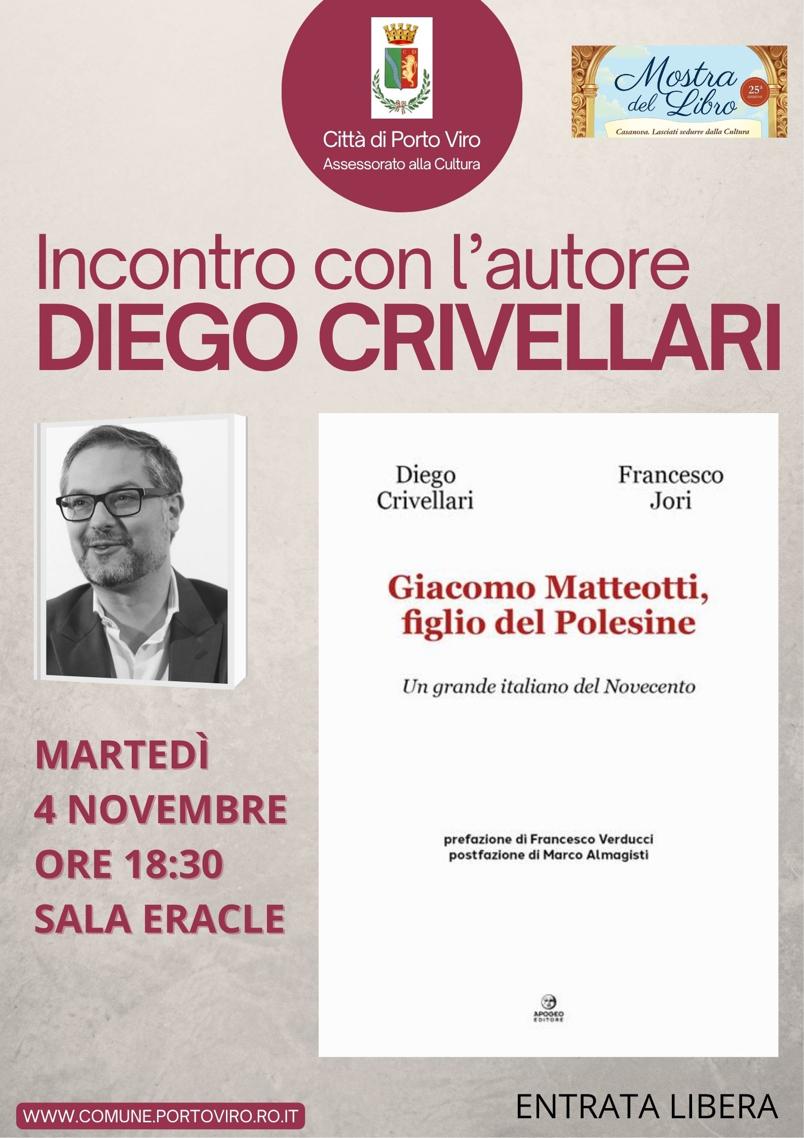 Locandina evento con l'autore Diego Crivellari a Porto Viro, 4 novembre, Sala Eracle, ingresso gratuito.