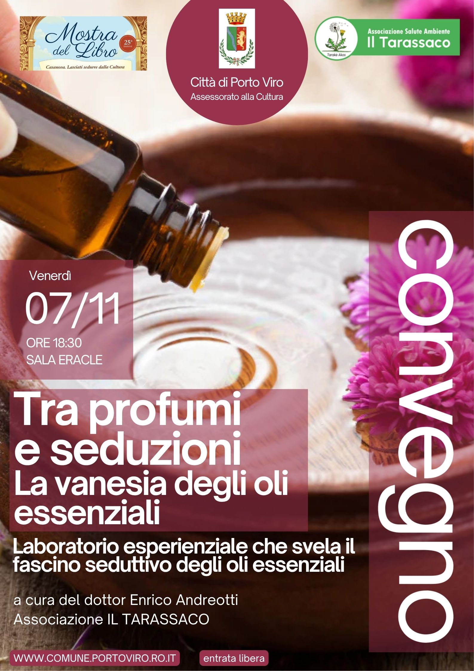 Convegno su profumi e oli essenziali a Porto Viro, 7/11, Sala Eracle. Laboratorio a cura del dottor Enrico Andreotti.