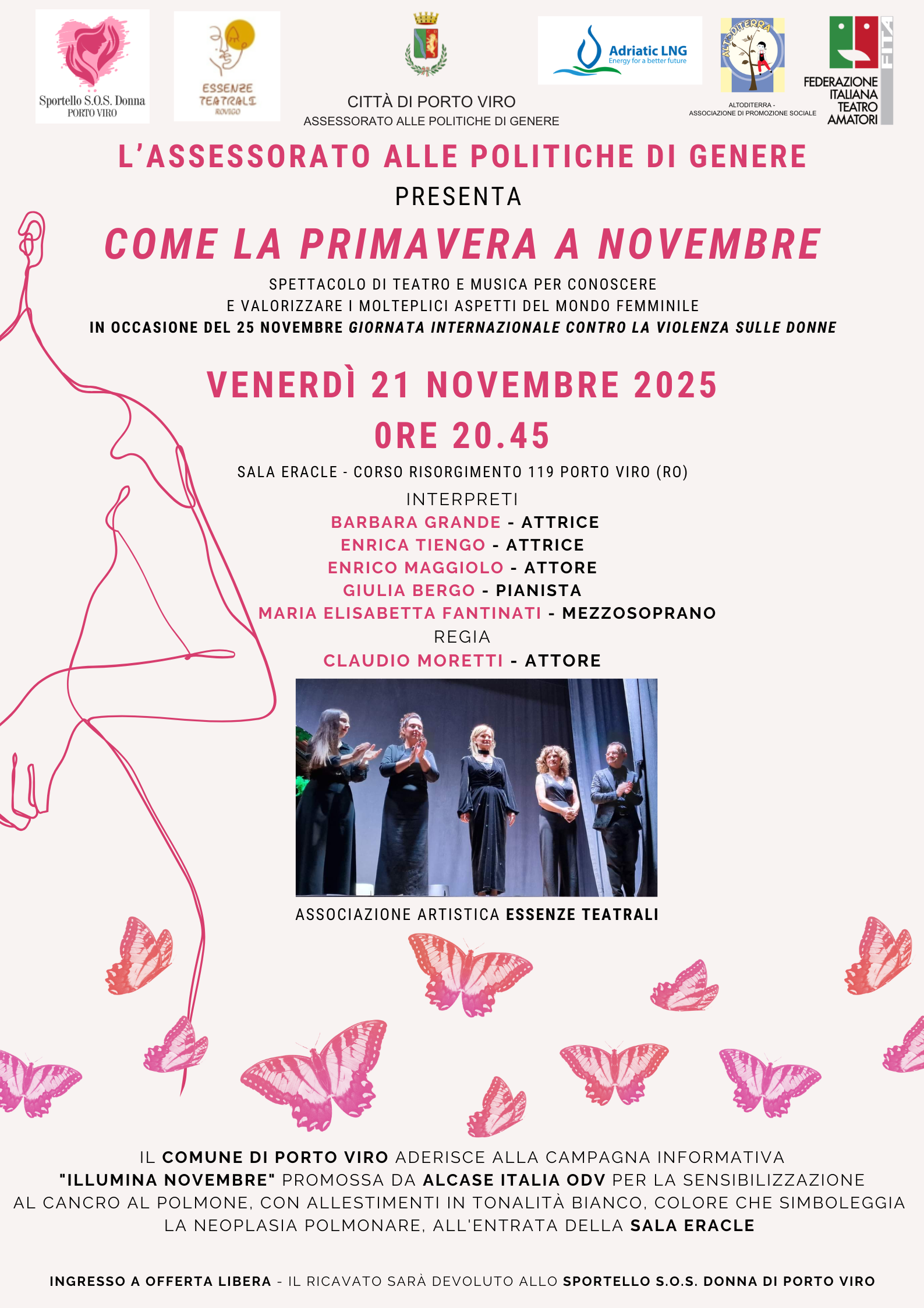 Locandina spettacolo Come la primavera a novembre, Porto Viro, 21 novembre 2025, contro la violenza sulle donne.