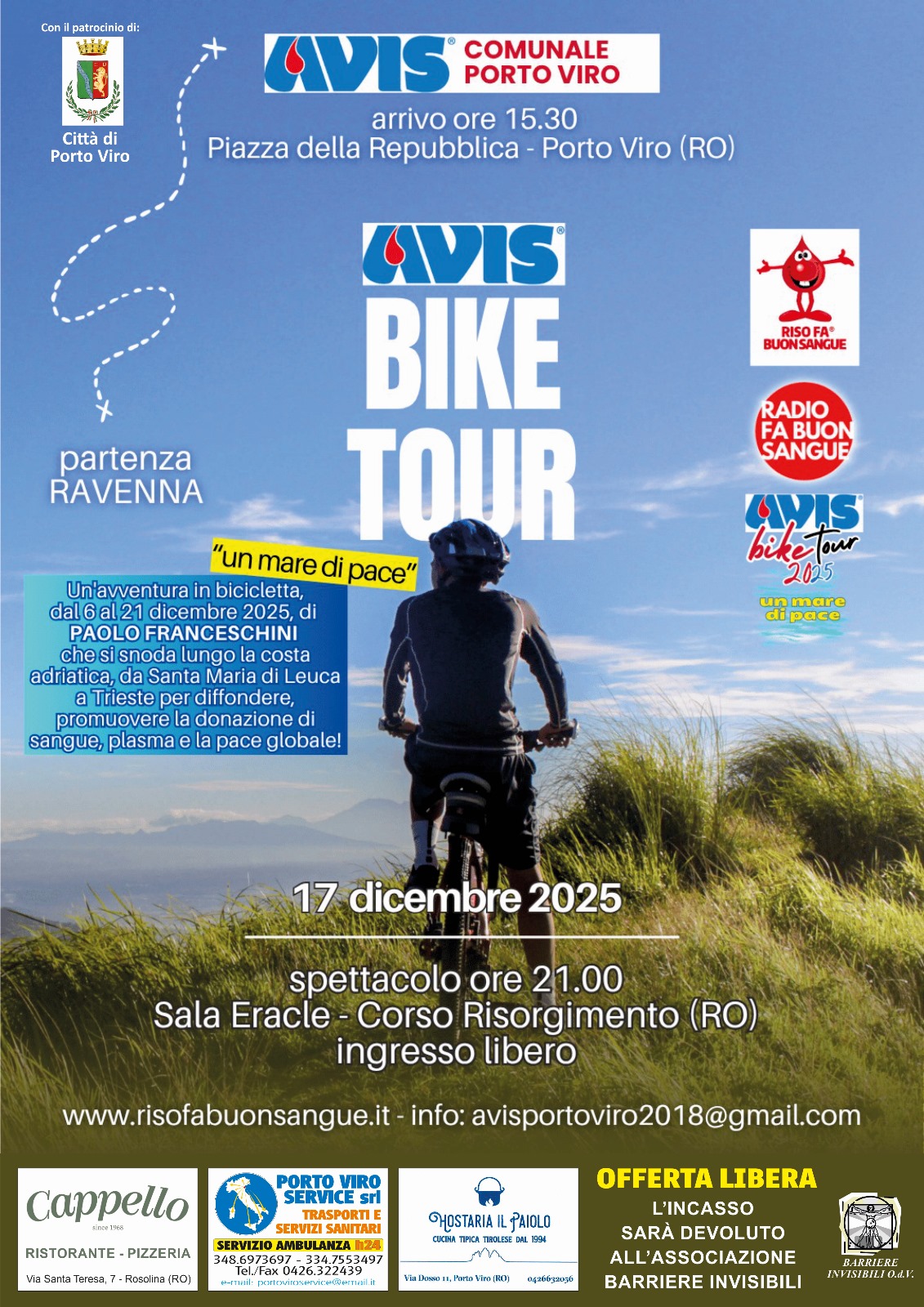 Ciclista in bici lungo un sentiero, partecipante all'Avis Bike Tour 2025 con arrivo a Porto Viro.