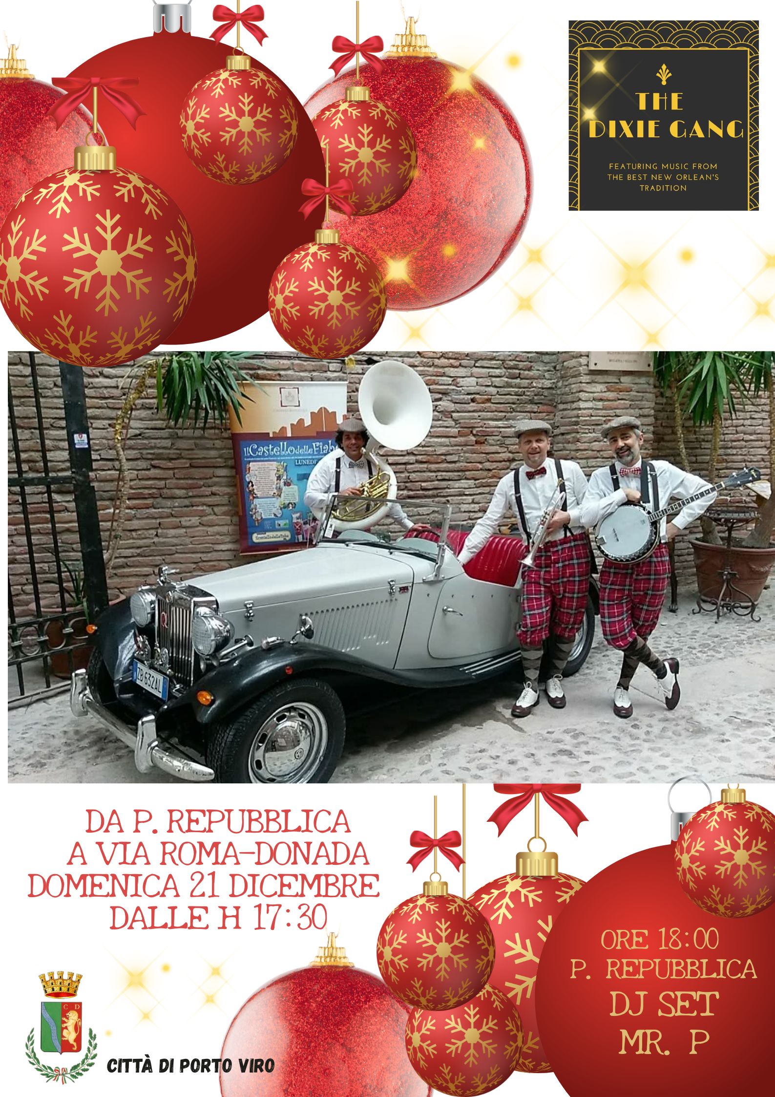 Evento natalizio con banda musicale in abiti vintage e auto d'epoca. Dettagli dell'evento nel testo.