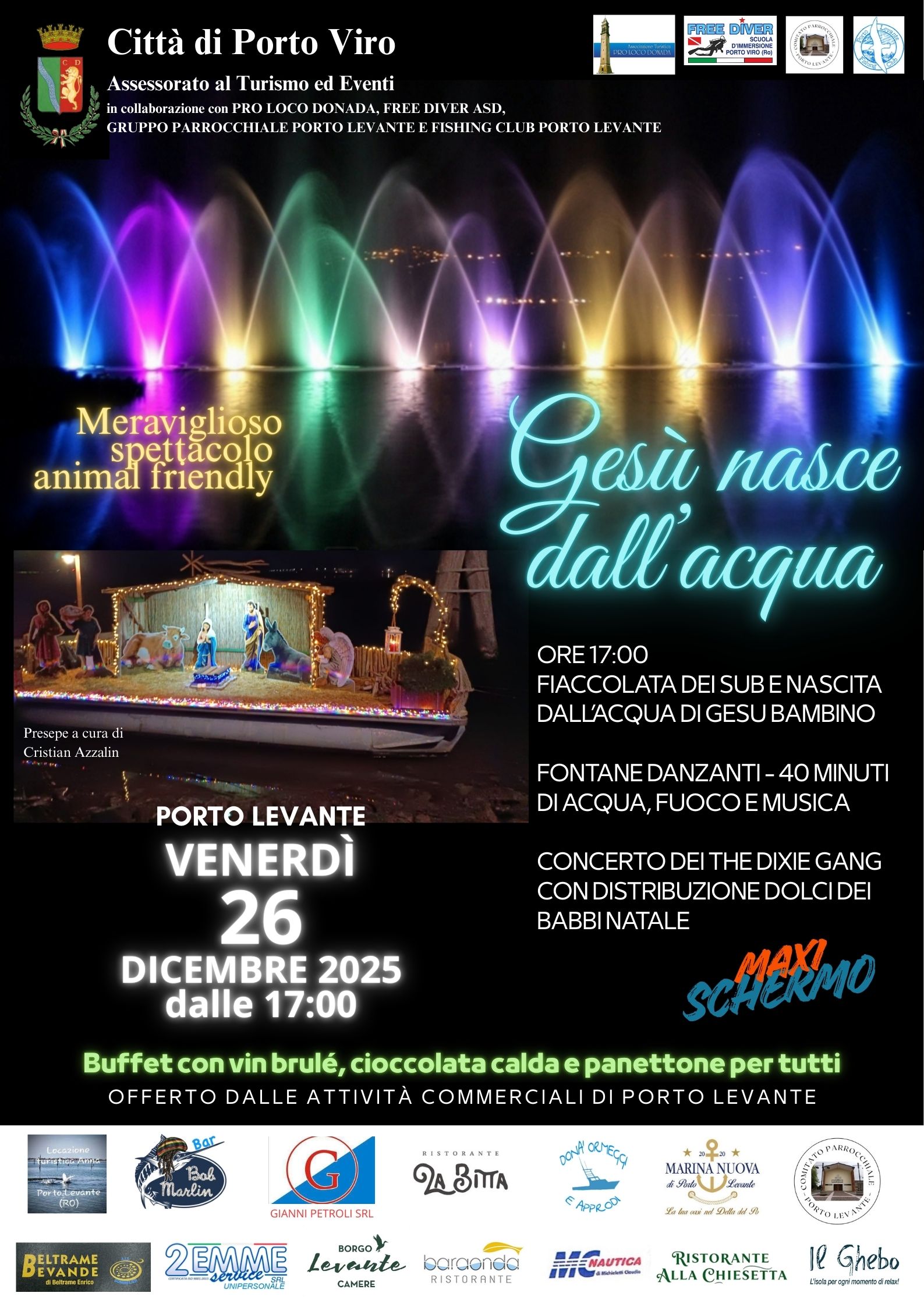 Evento Natale 2025 a Porto Levante: fontane luminose, concerto, e buffet natalizio il 26 dicembre.