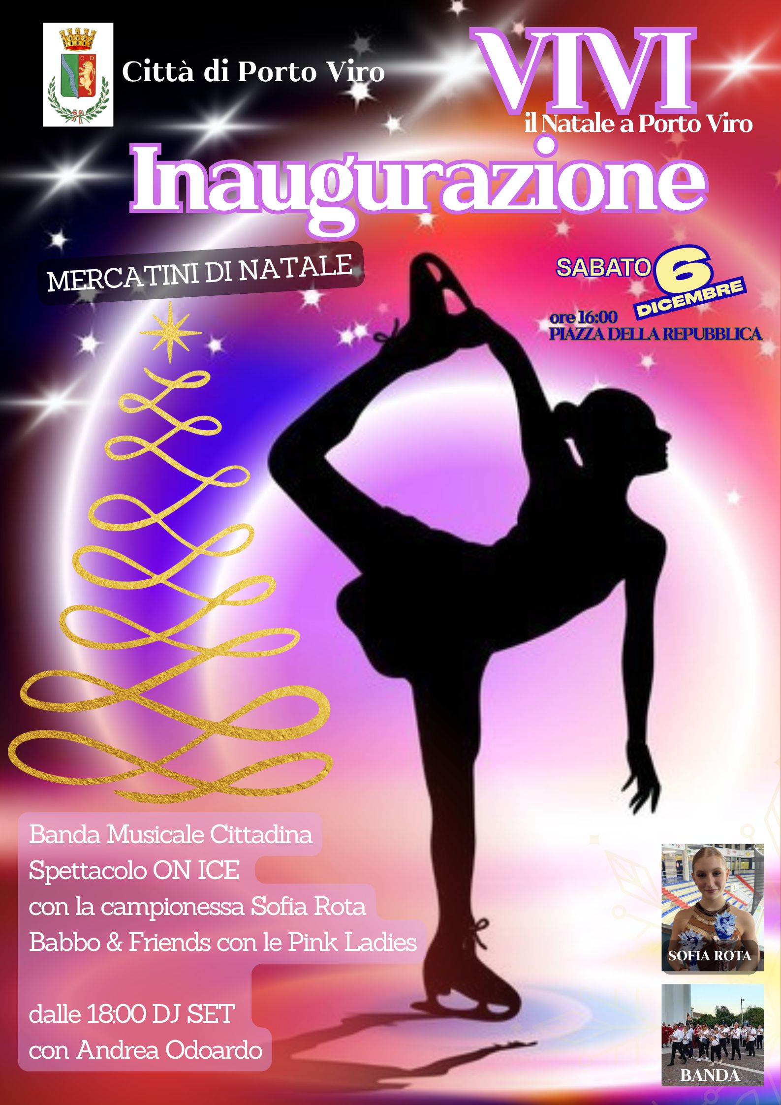 Locandina natalizia del Comune di Porto Viro con sagoma di pattinatrice e programma eventi.