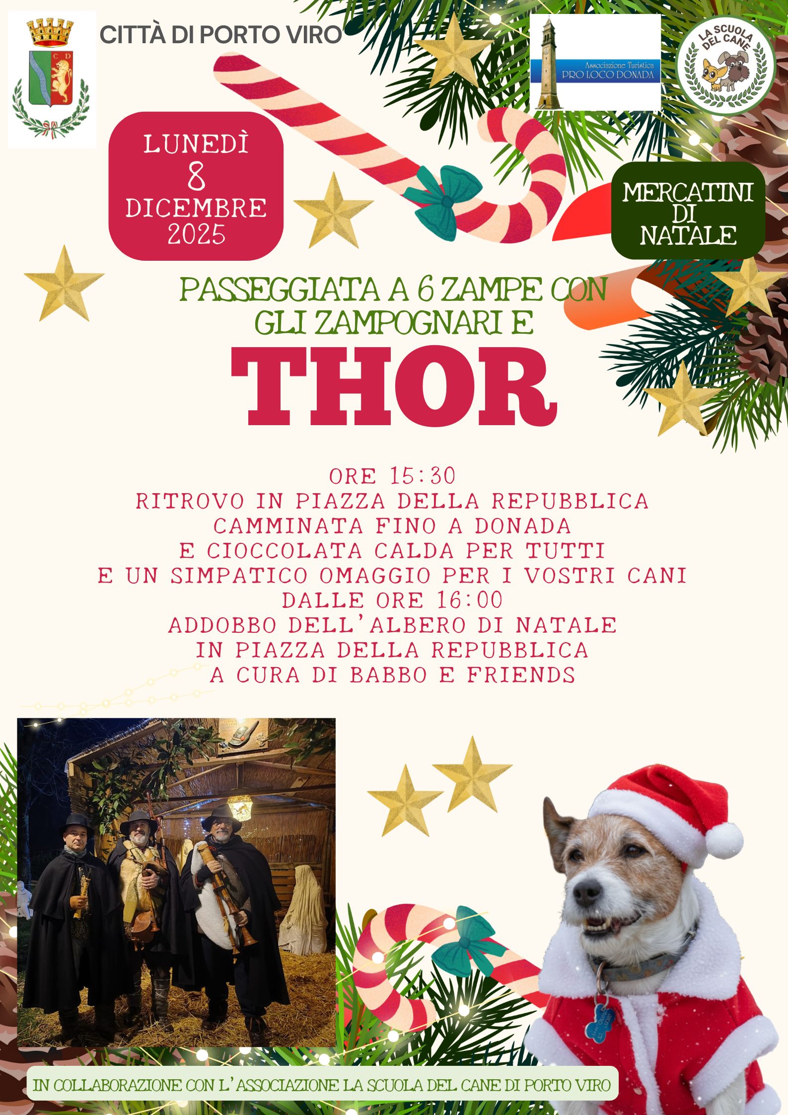 Volantino evento natalizio a Porto Viro con passeggiata col cane, zampognari e mercatini.