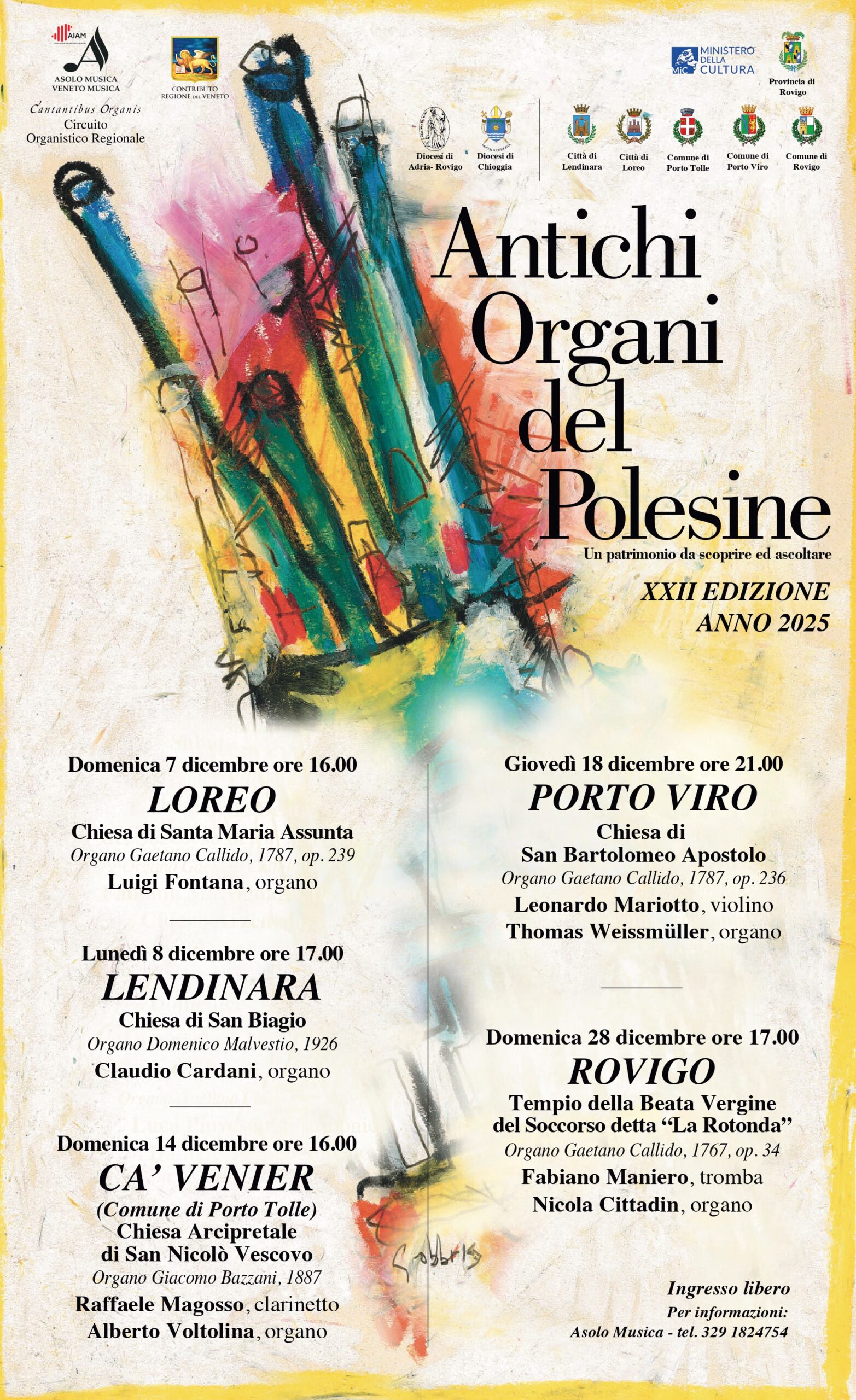 Manifesto del festival Antichi Organi del Polesine 2025, eventi musicali in varie chiese del Veneto.