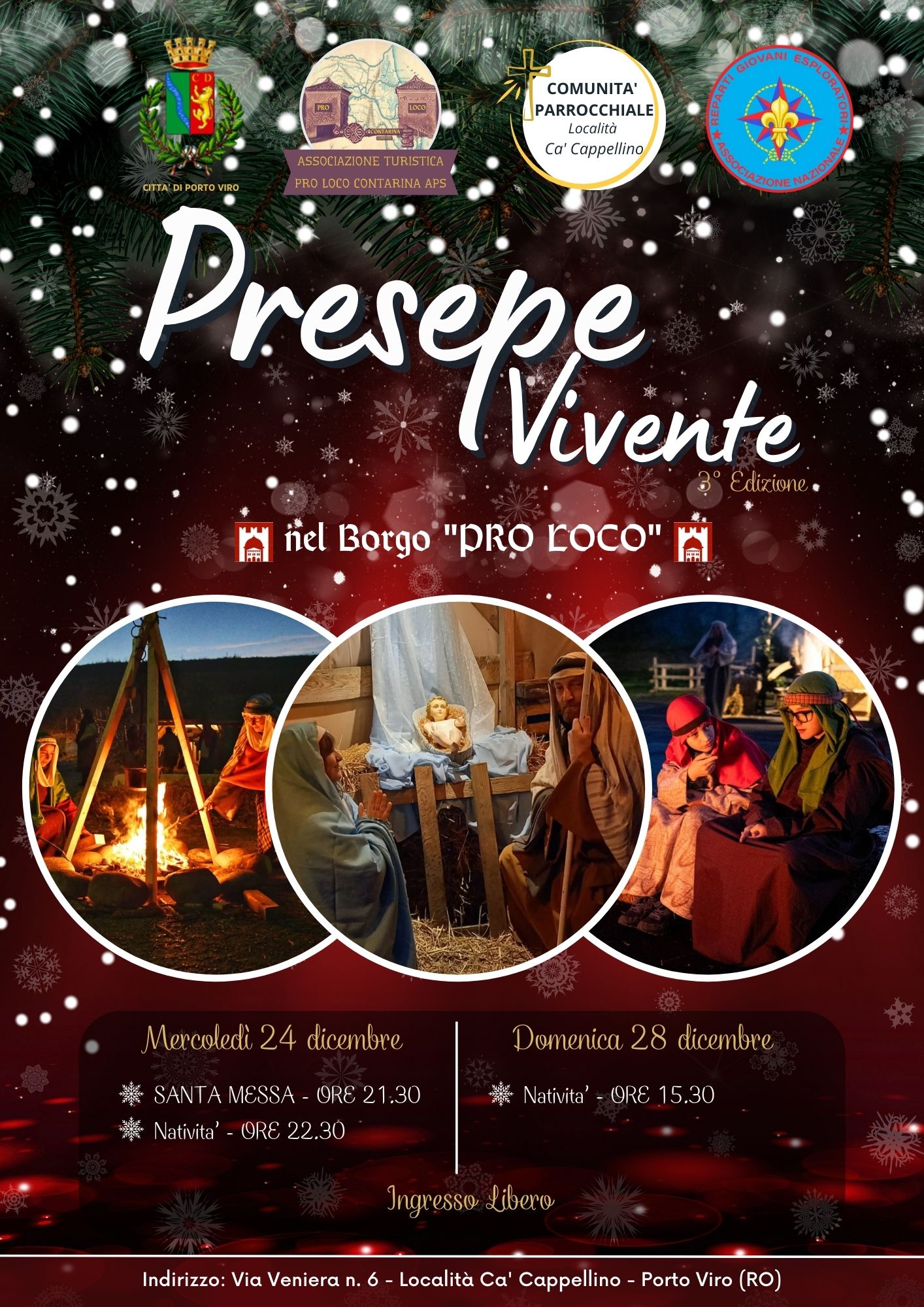 Immagine promozionale per il Presepe Vivente a Porto Viro, con date e scene di natività al chiuso e all'aperto.