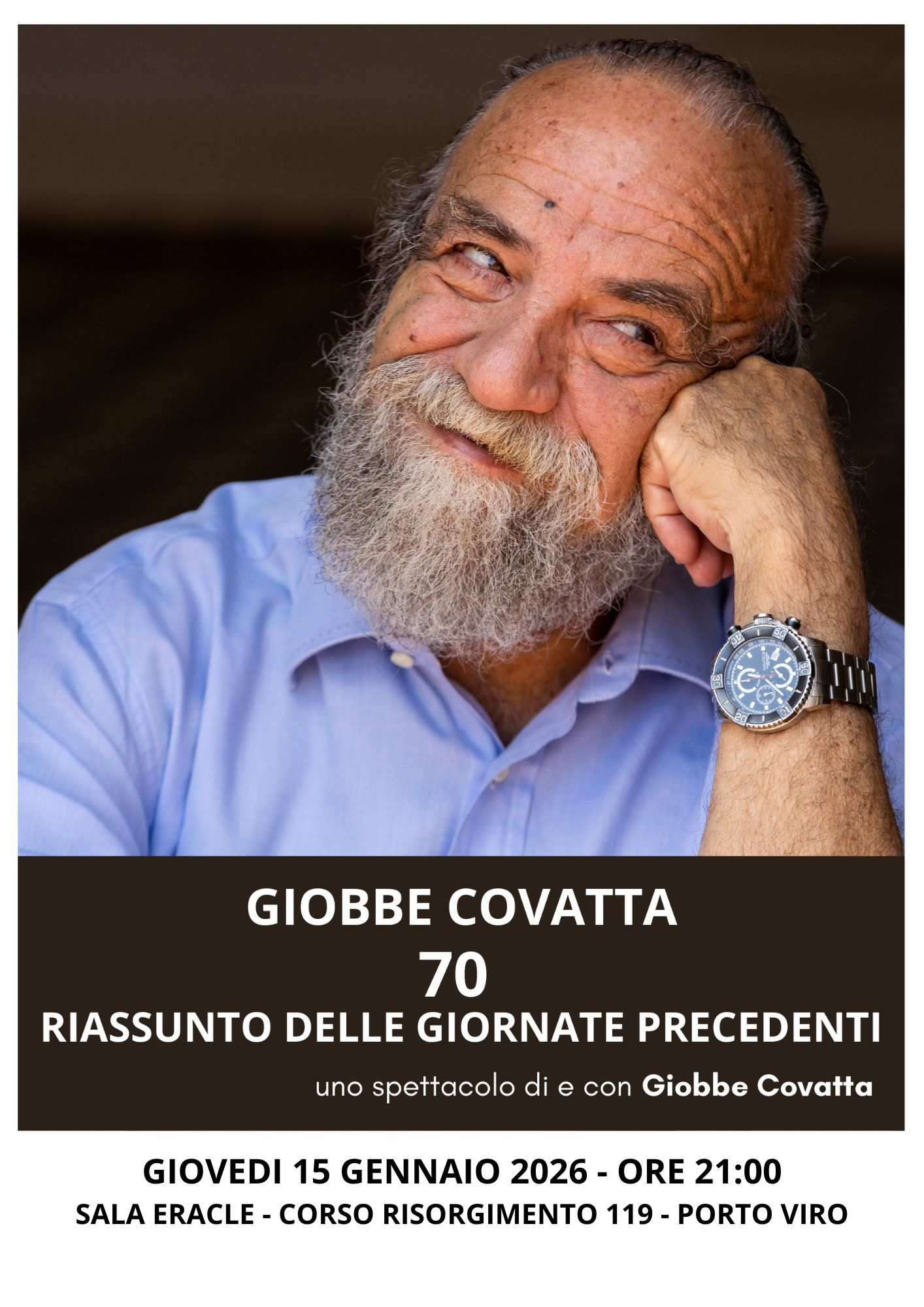 Giobbe Covatta in locandina di uno spettacolo a Porto Viro il 15 gennaio 2026. Sala Eracle, ore 21:00.