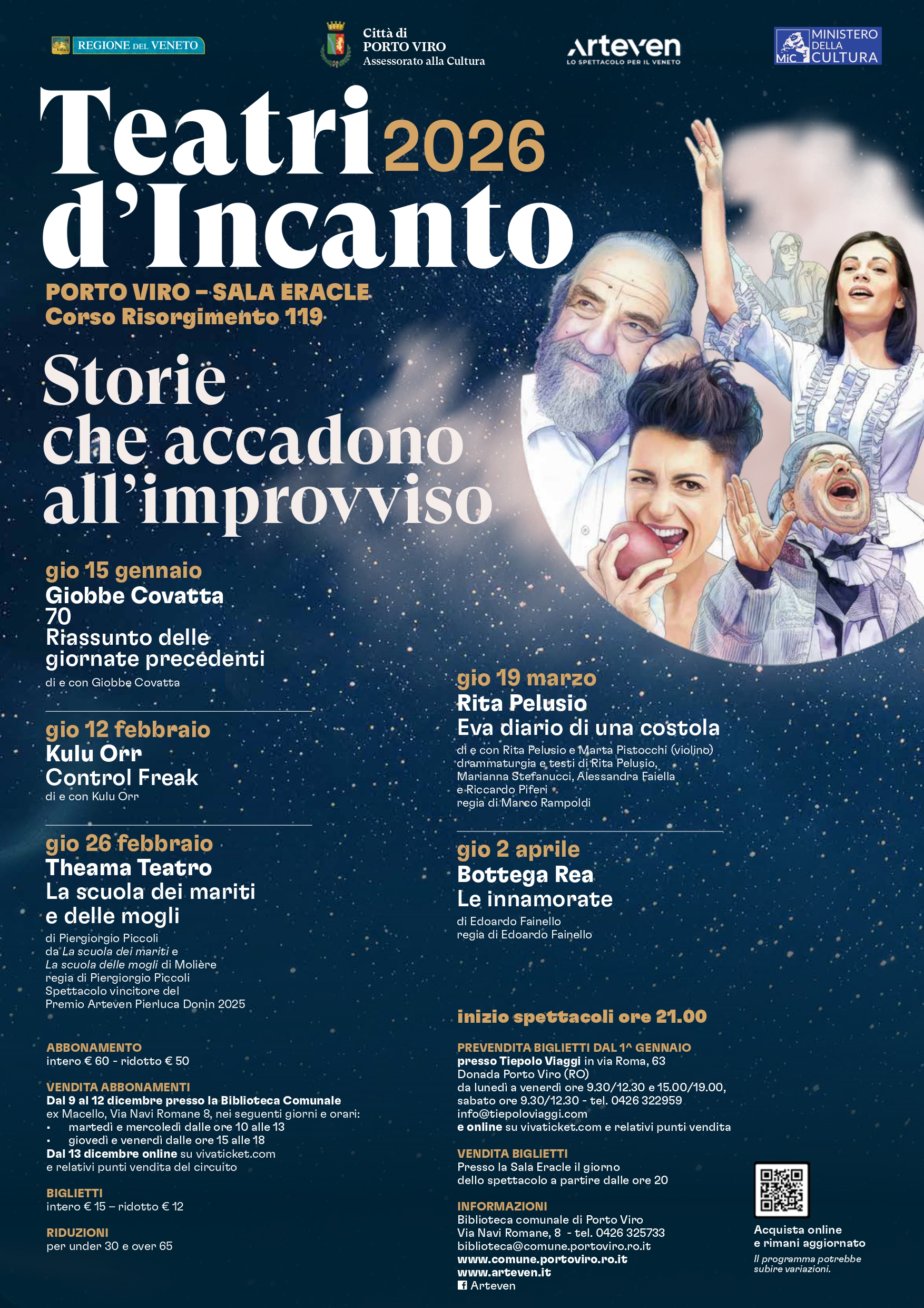 Poster per Teatri d'Incanto a Porto Viro, eventi teatrali 2026 con date e titoli delle rappresentazioni.