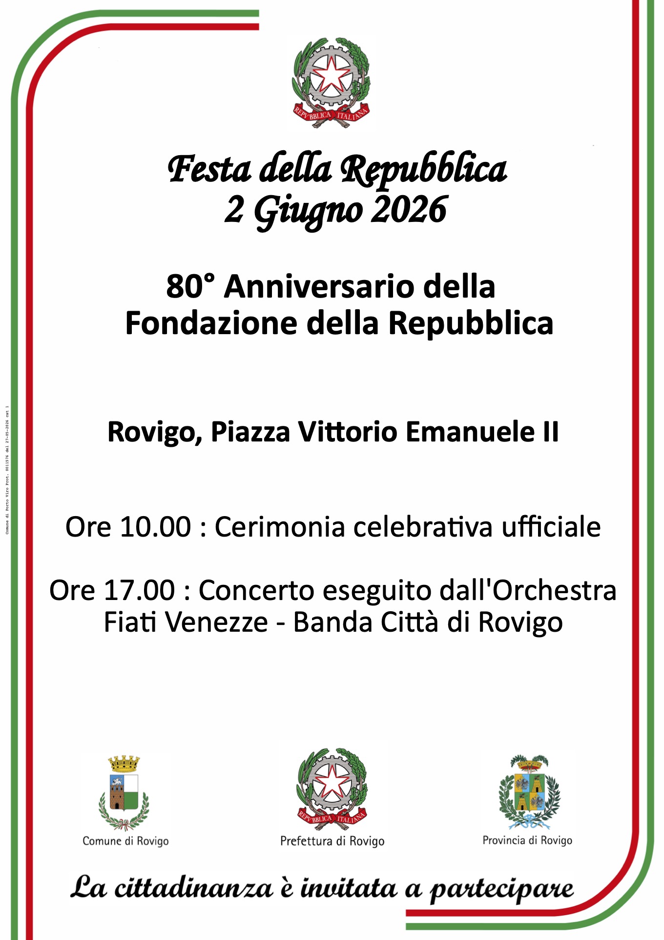 Locandina della Festa della Repubblica 2026 a Rovigo, con cerimonia e concerto in Piazza Vittorio Emanuele II.