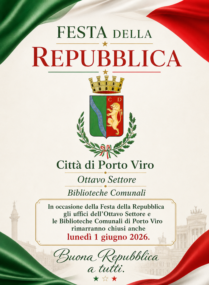 Manifesto della Festa della Repubblica a Porto Viro; uffici chiusi il 1° giugno 2026. Buona Repubblica a tutti.