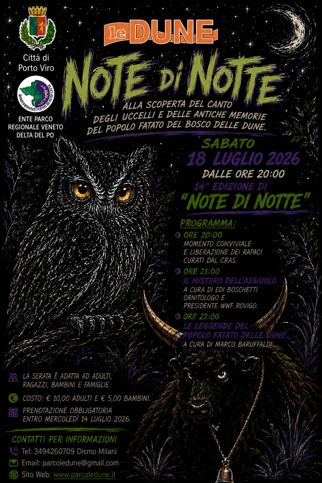 Locandina evento Note di Notte a Porto Viro, 18 luglio 2026, con immagine di un gufo e dettagli del programma.